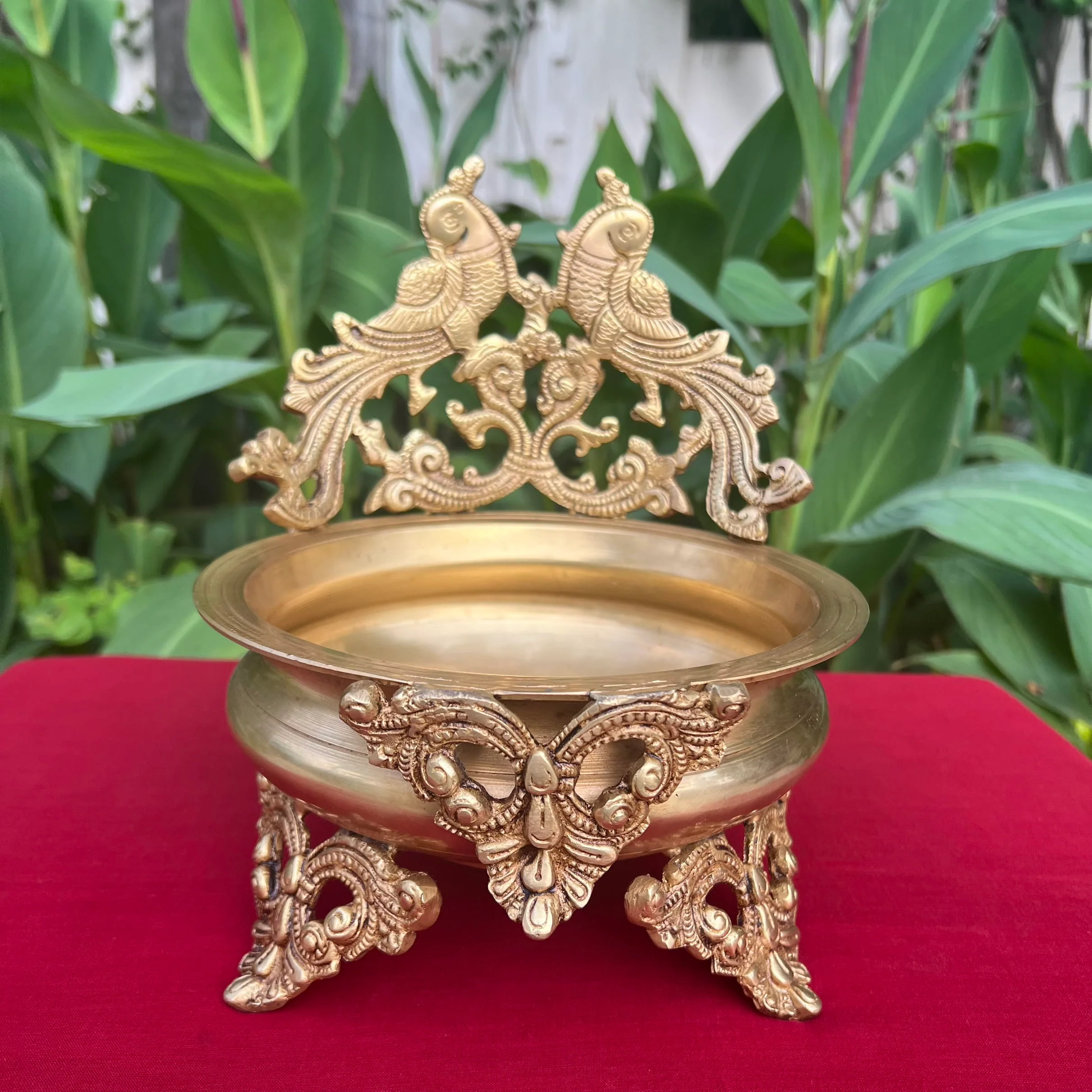 10 Inches Peacock Brass Urli Bowl For Home Decor - Antique Finish
