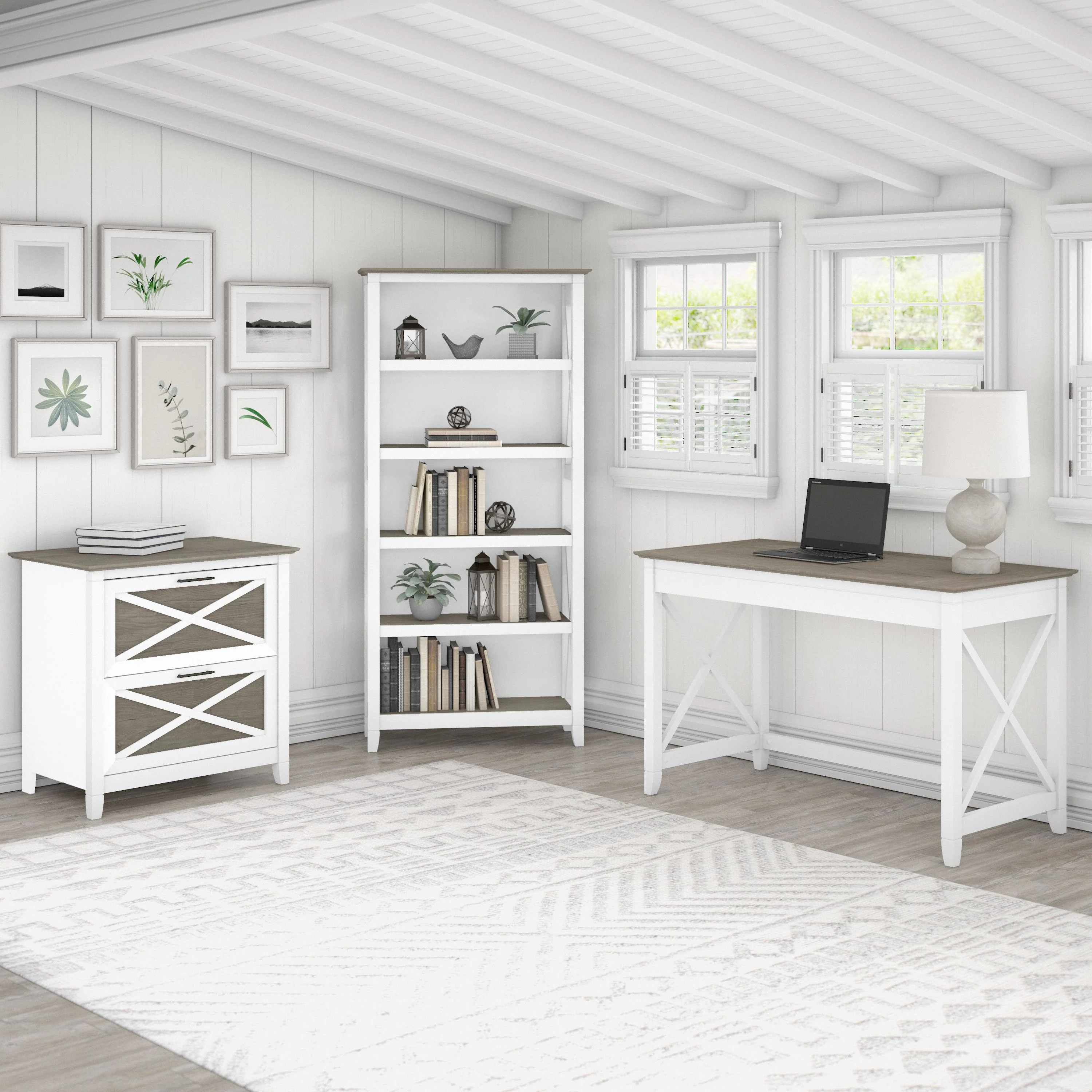 Key West 48W Writing Desk with 2 Drawer Lateral File Cabinet and 5 Shelf Bookcase