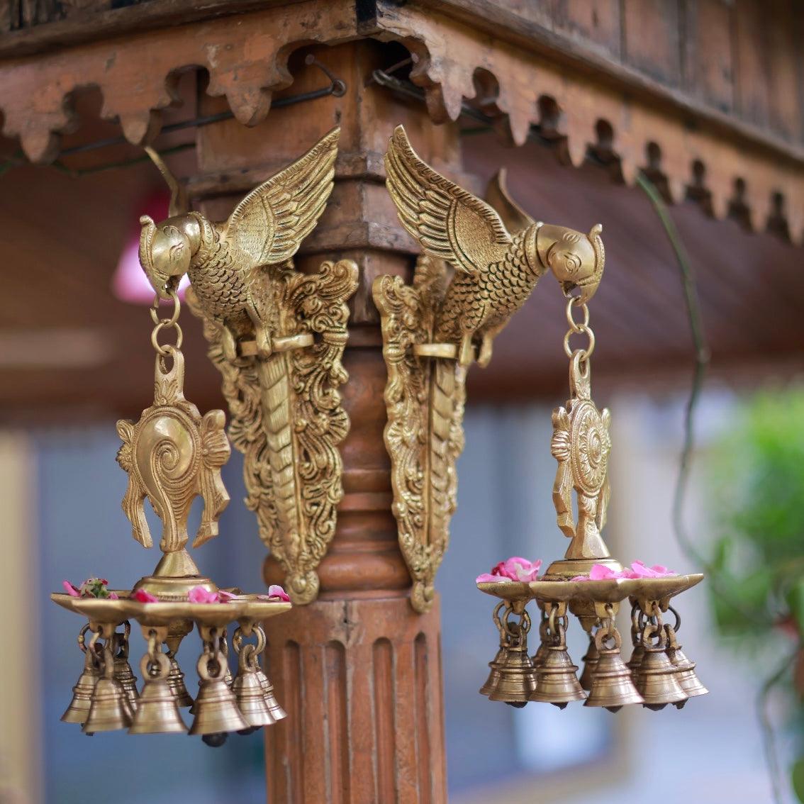 Parrot Hanging Diya & Bell - Shanku & Chakra (Set is 2) - Brass Wall Hanging - Decorative Antique finish