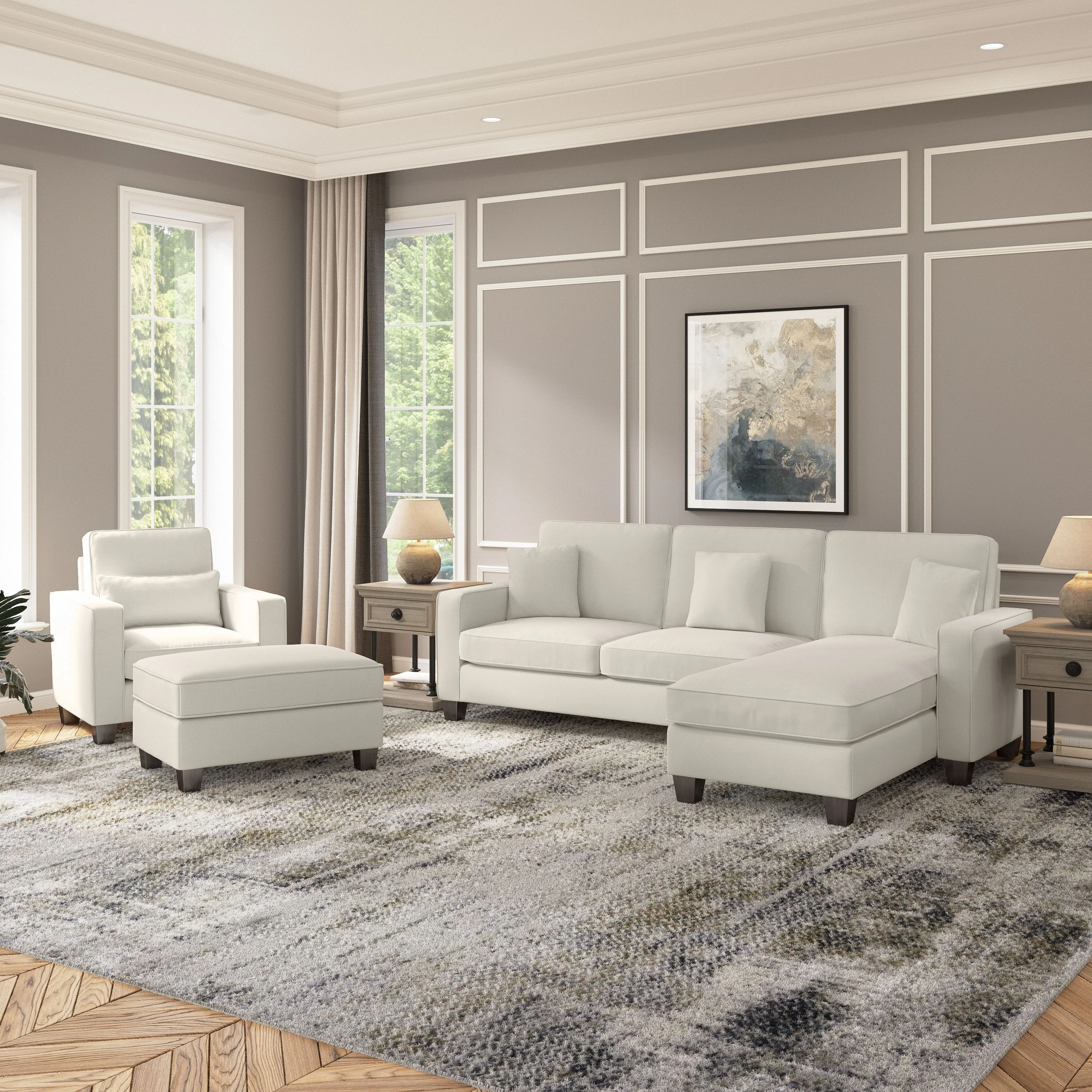 Stockton 102W Sectional Couch with Reversible Chaise Lounge, Accent Chair, and Ottoman