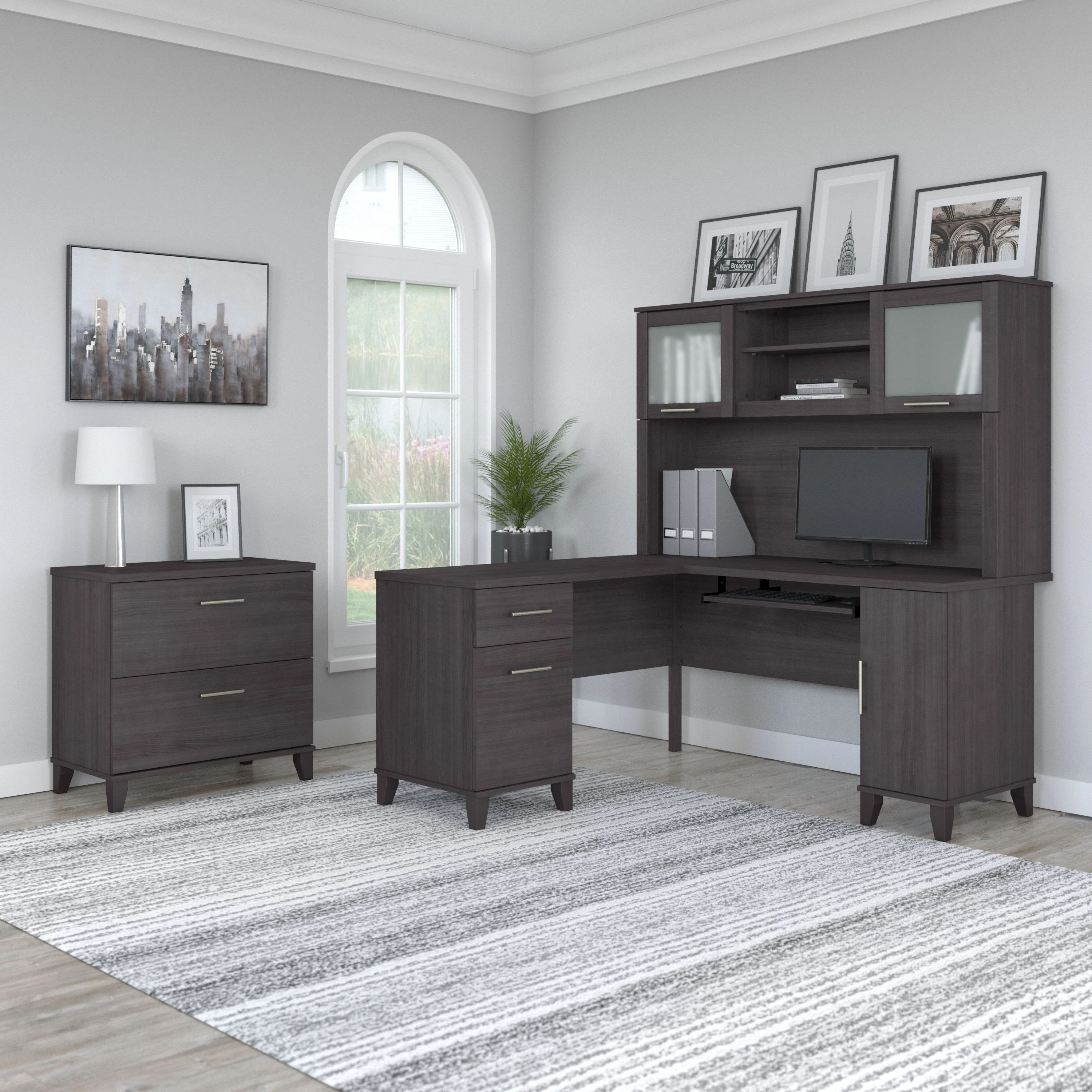 Somerset 60W L Shaped Desk with Hutch and Lateral File Cabinet