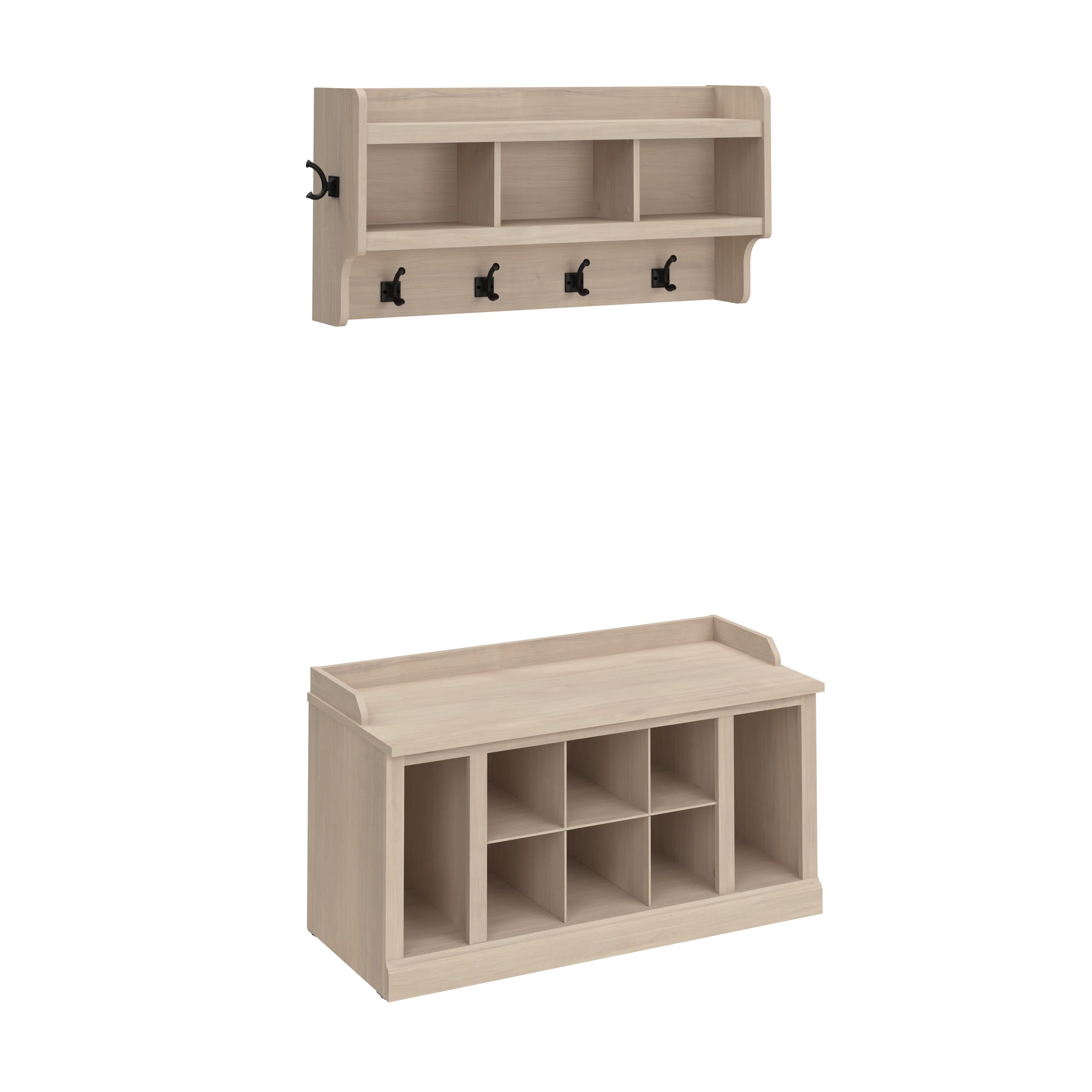 Woodland 40W Shoe Storage Bench with Shelves and Wall Mounted Coat Rack
