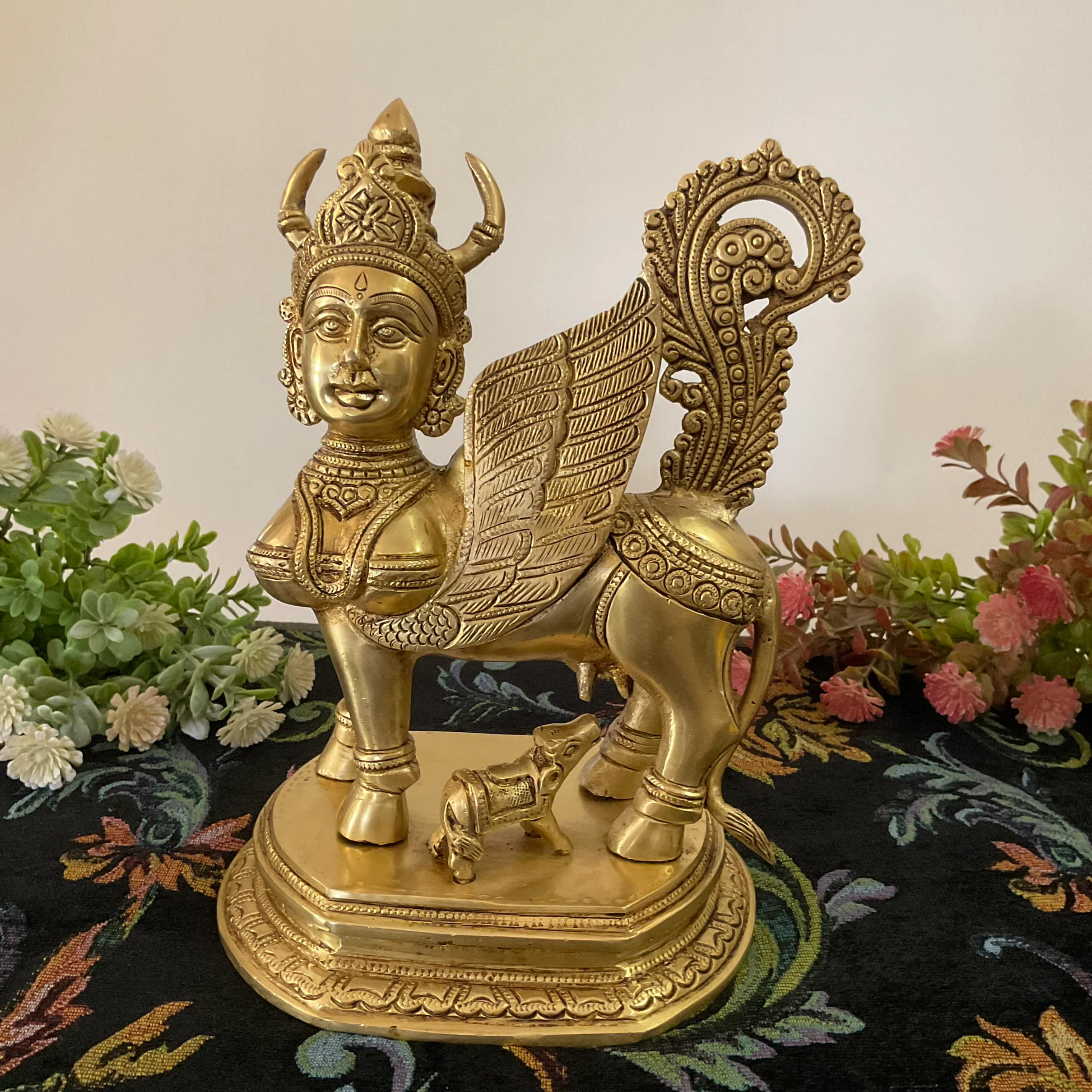 10 Inch Kamadhenu Cow Calf - Handmade Brass Statue -  Decorative Figurine