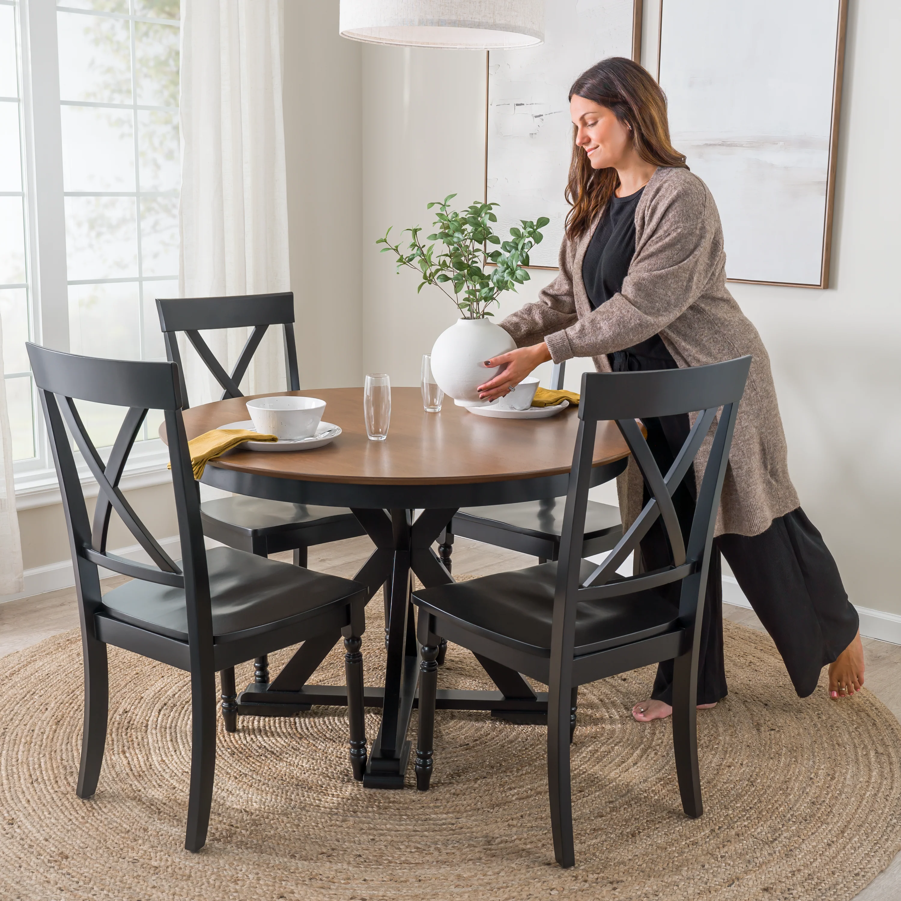 West End 45W Round Trestle Dining Table with 4 Cross Back Dining Chairs