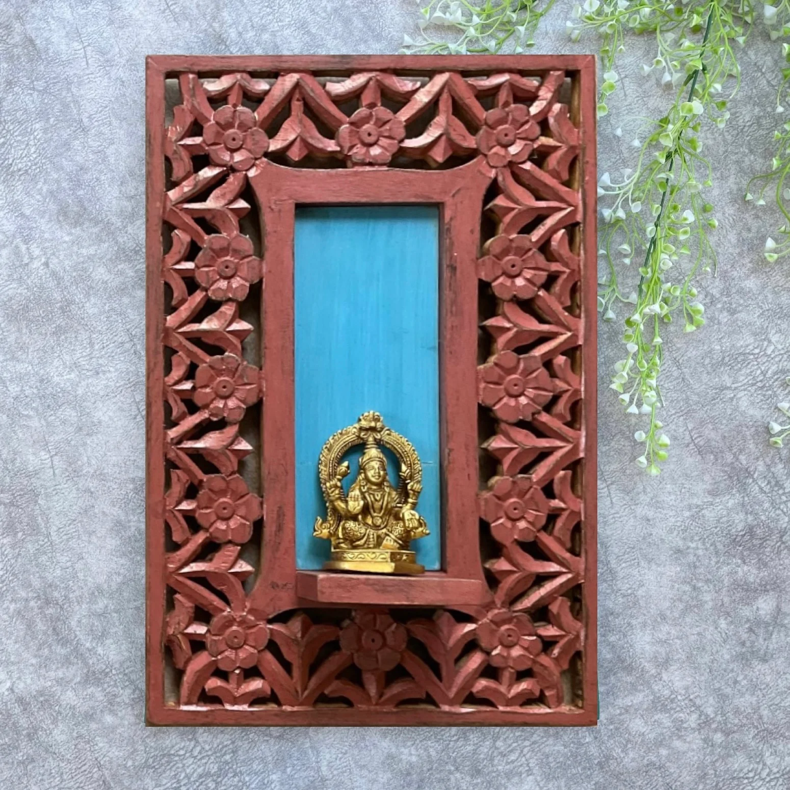 Lakshmi Idol Distressed Wooden Frame Wall Hanging - Decorative Wall Decor for Living Room