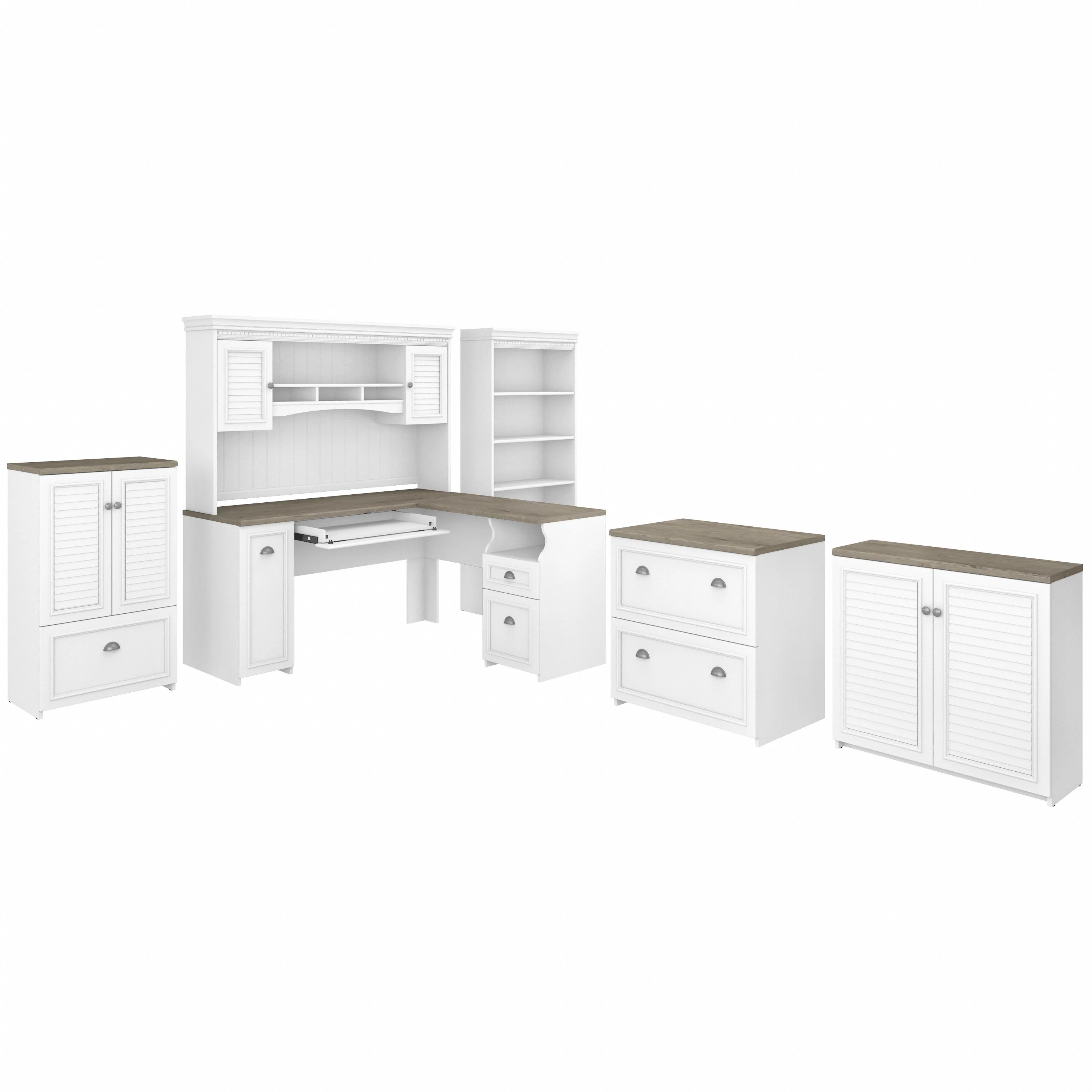 Fairview 60W L Shaped Desk with Hutch, Bookcase, Storage and File Cabinets