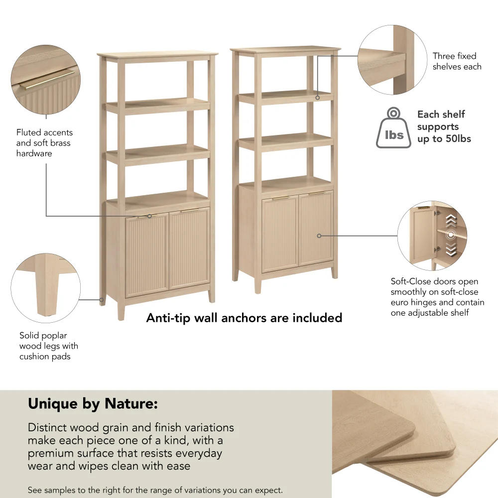 Bush Home Camille Fluted 5 Shelf Bookcase with Doors - Set of 2