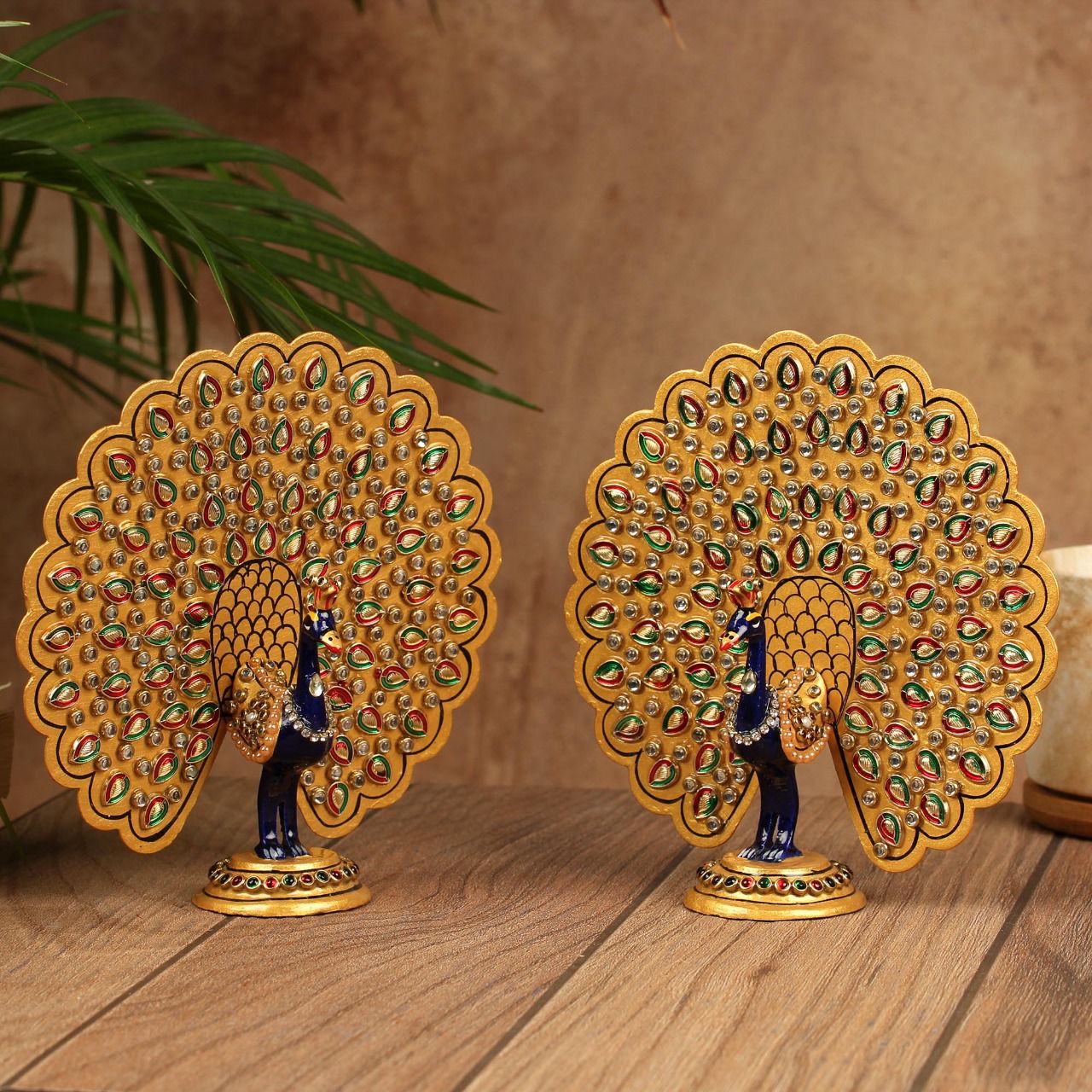 Handcrafted Decorative Metallic Peacock (Set of 2) - Meenakari Stonework - Animal Decor