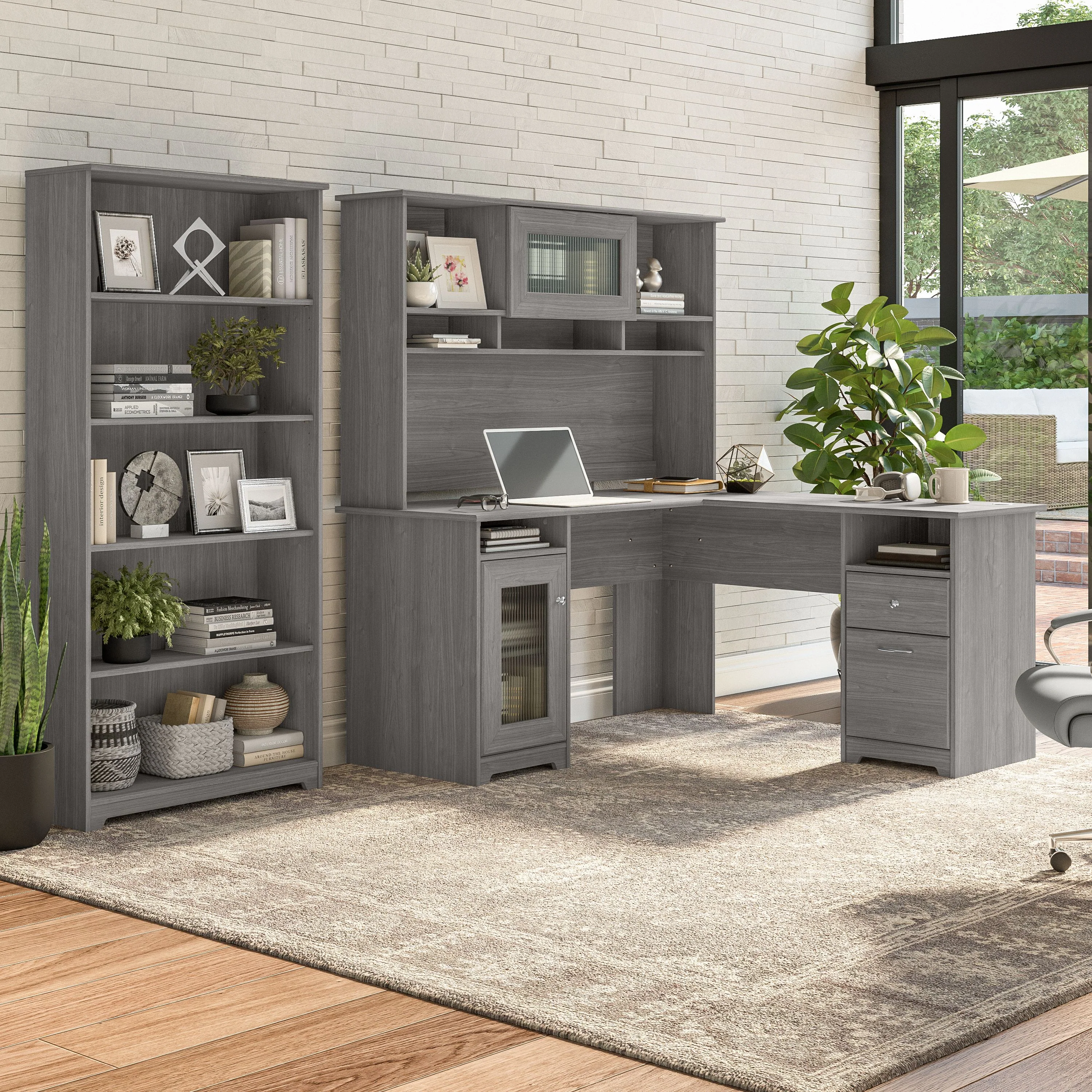 Cabot 60W L Shaped Computer Desk with Hutch and 5 Shelf Bookcase
