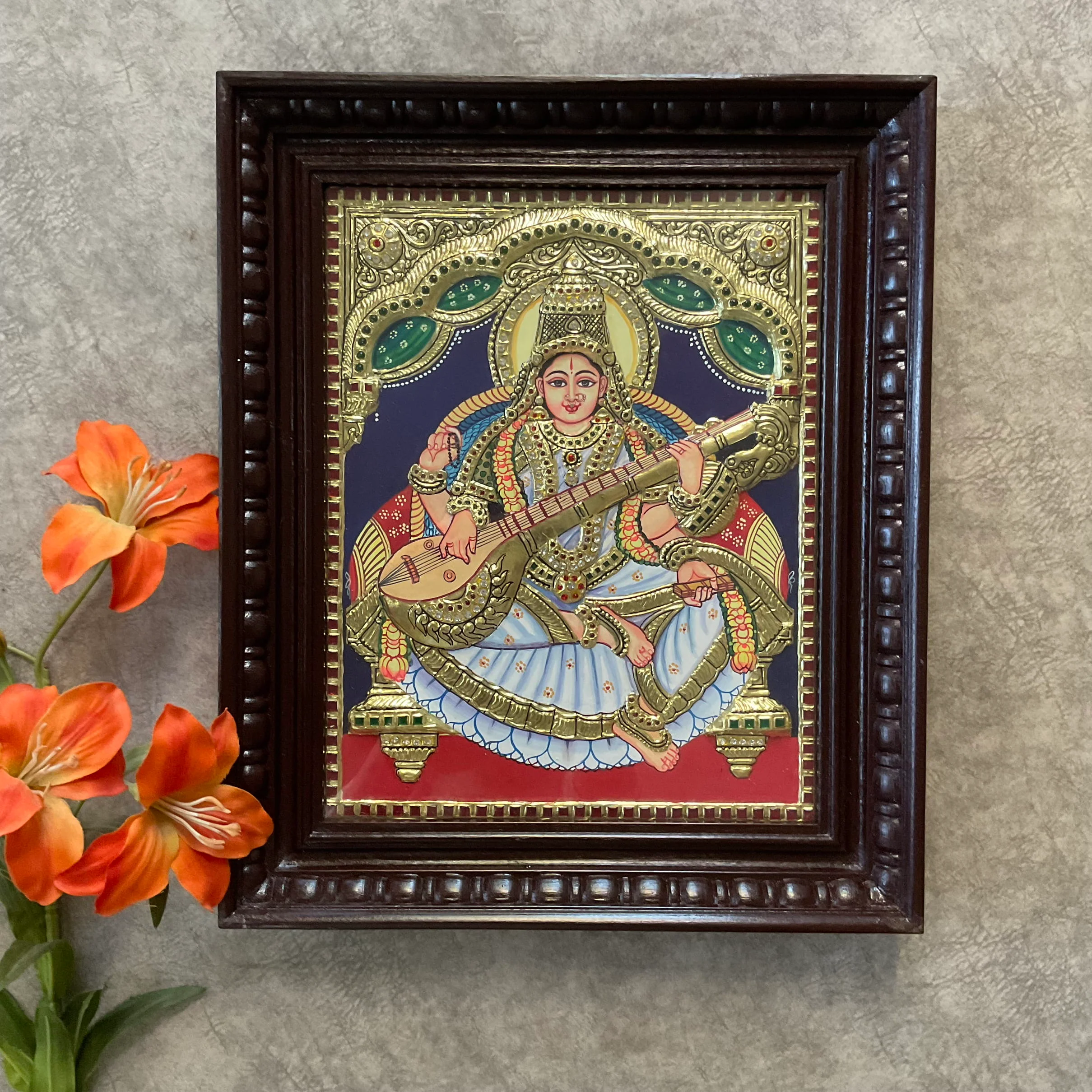 Goddess Saraswati 3D Tanjore Painting - Traditional Wall Art