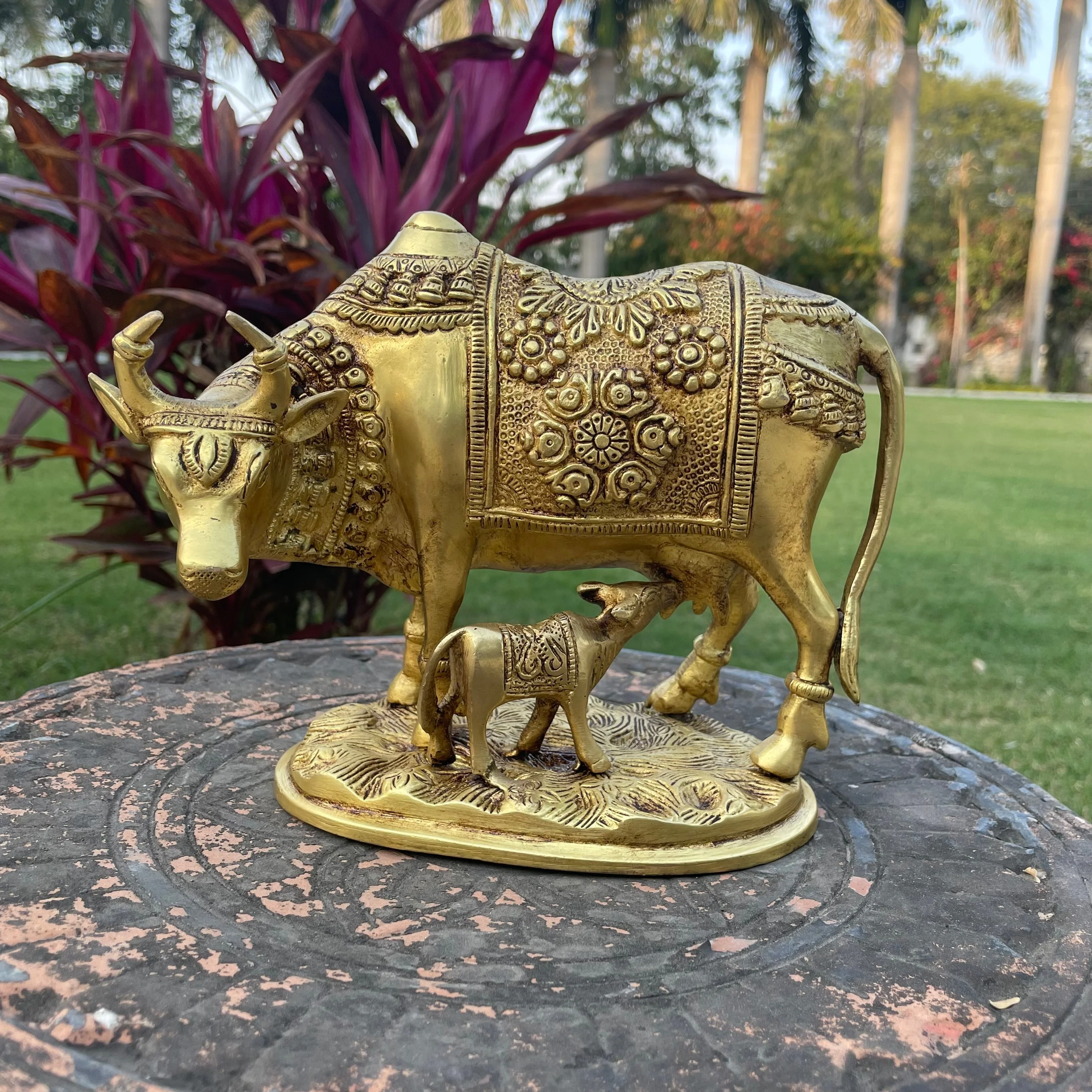 8 Inches Cow and Calf Set - Handmade Brass Statue -  Decorative Figurine