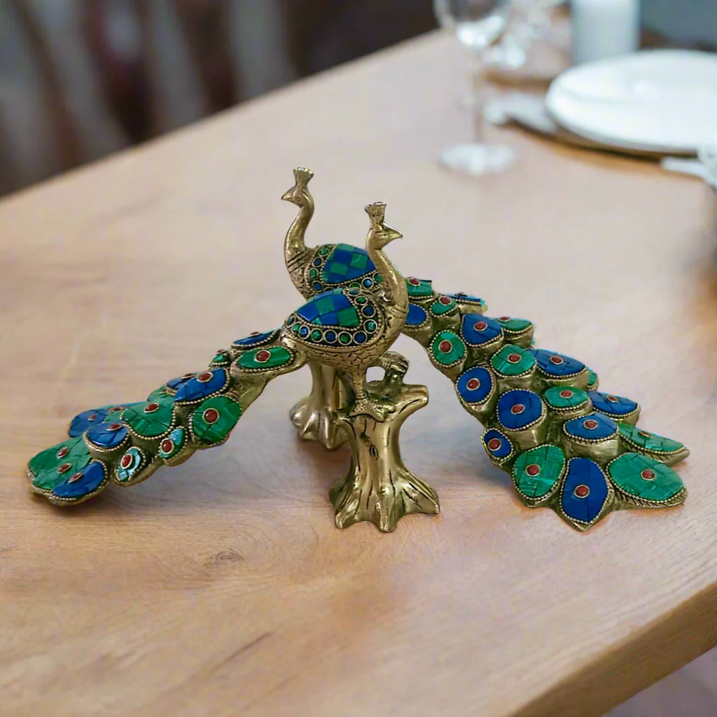 9 Inches Handcrafted Brass Peacock Figurine With Stonework (set of 2)