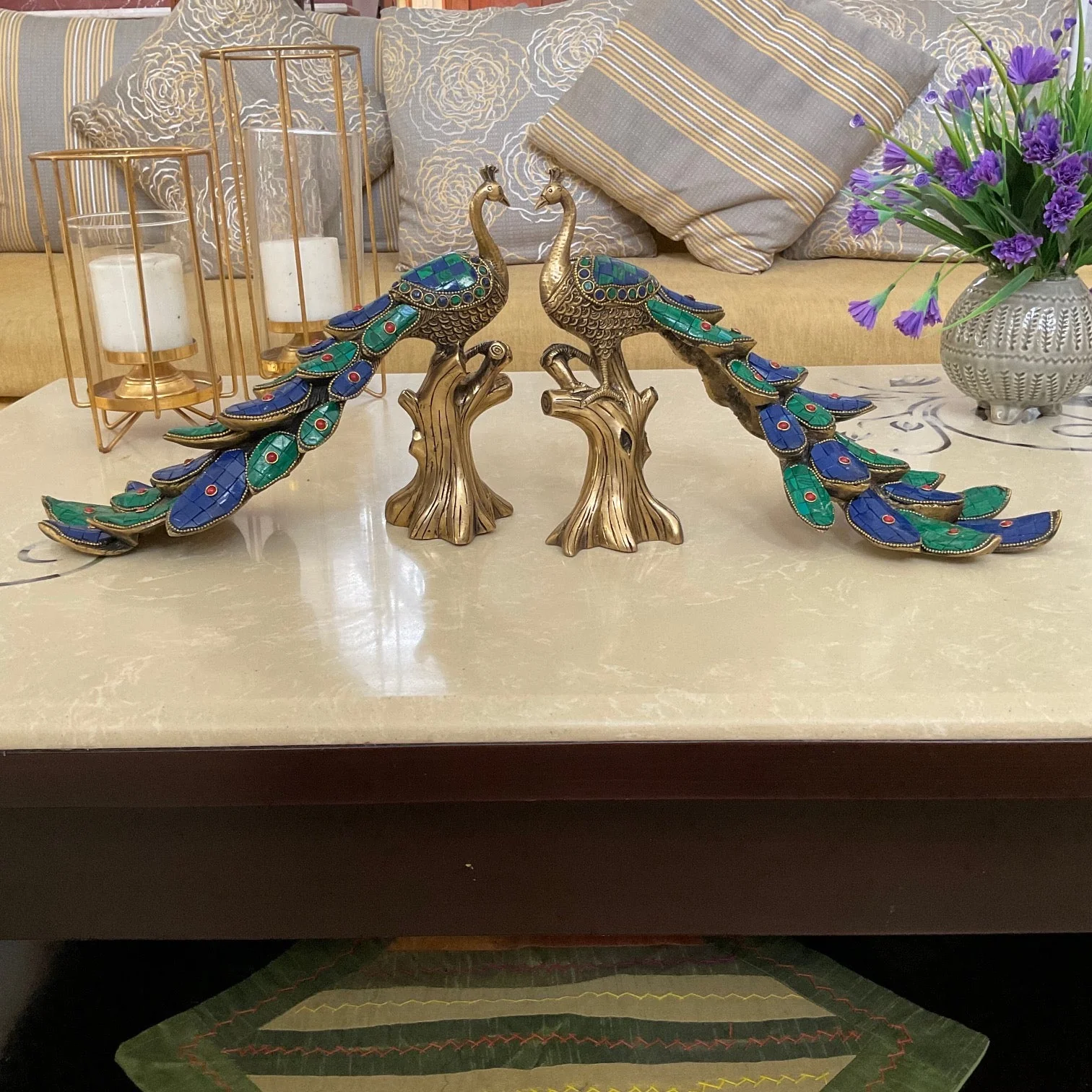 Brass Peacock Figurine With Stonework (set of 2) - Indian Home Decor Ideas