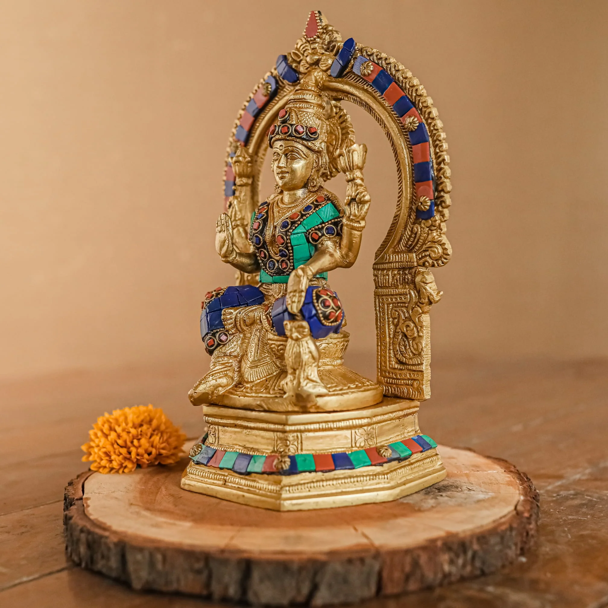 Goddess Laxmi Brass Stonework Idol With Yali Prabahavali - Pooja Murti - Goddess of Fortune, Wealth, Prosperity