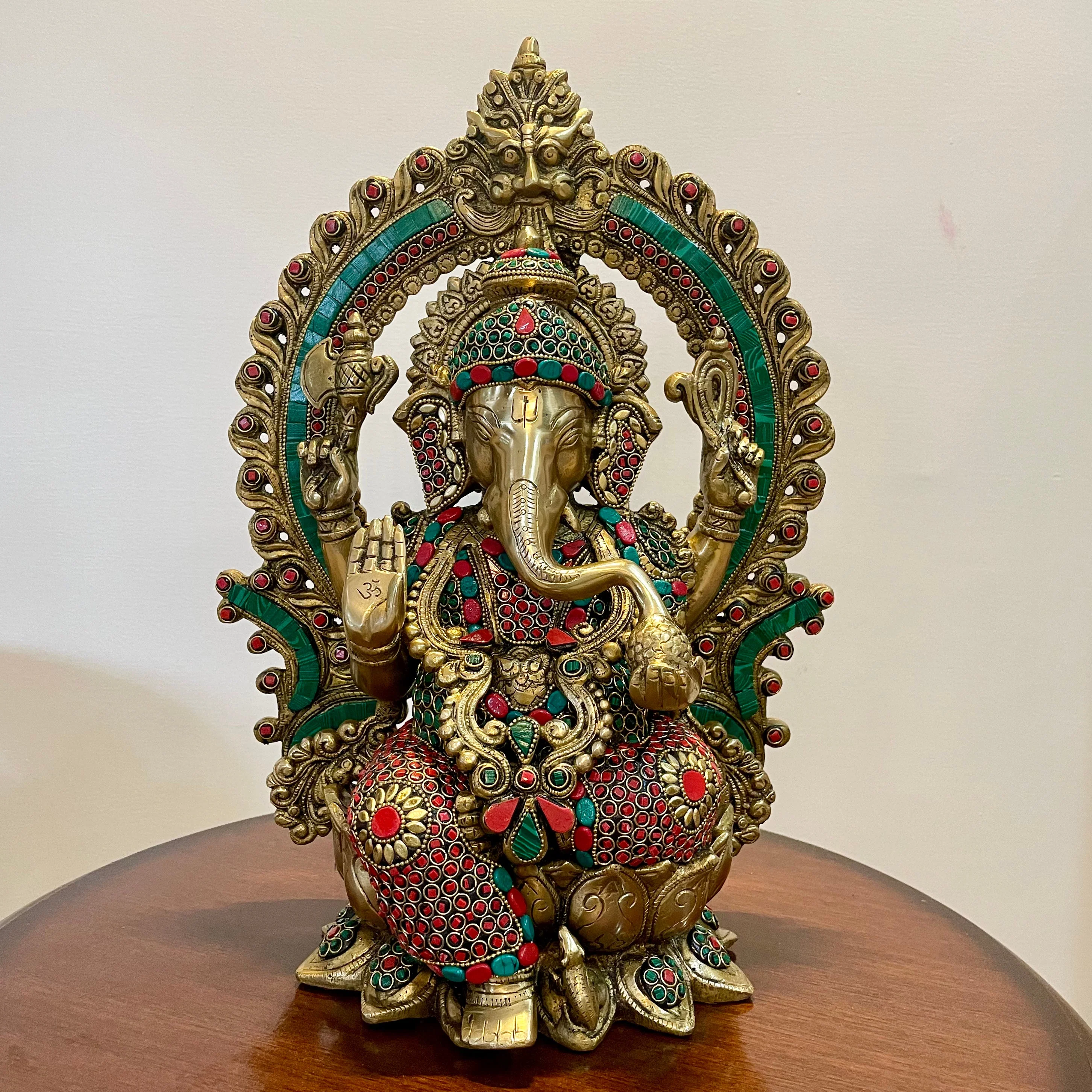 15 Inch Brass Ganesh Idol With Stonework - Ganpati Statue for Home, Housewarming Gift