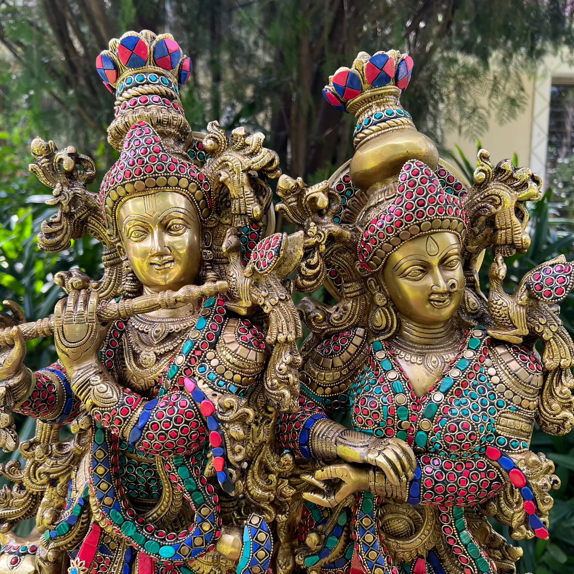 28 Inch Radha Krishna With Cow Brass Stonework Statue Idol