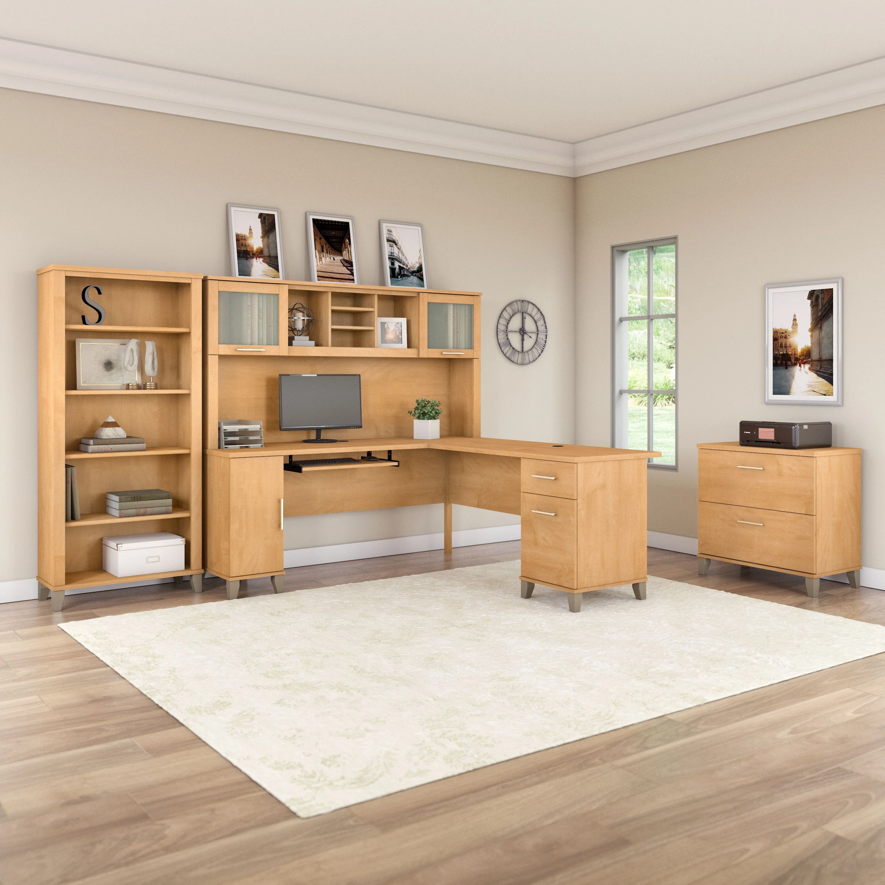 Somerset 72W L Shaped Desk with Hutch, Lateral File Cabinet and Bookcase