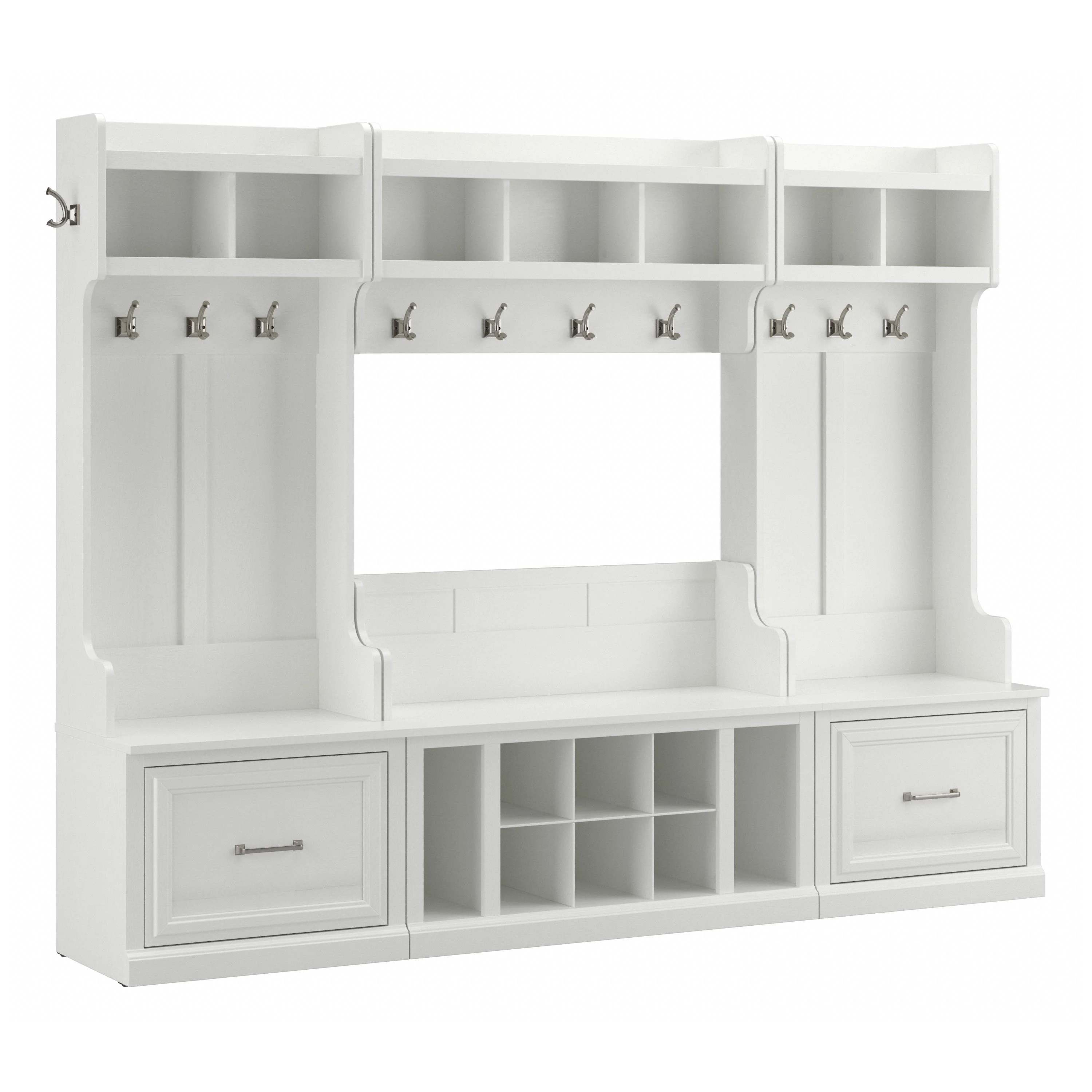 Woodland Full Entryway Storage Set with Coat Rack and Shoe Bench with Drawers