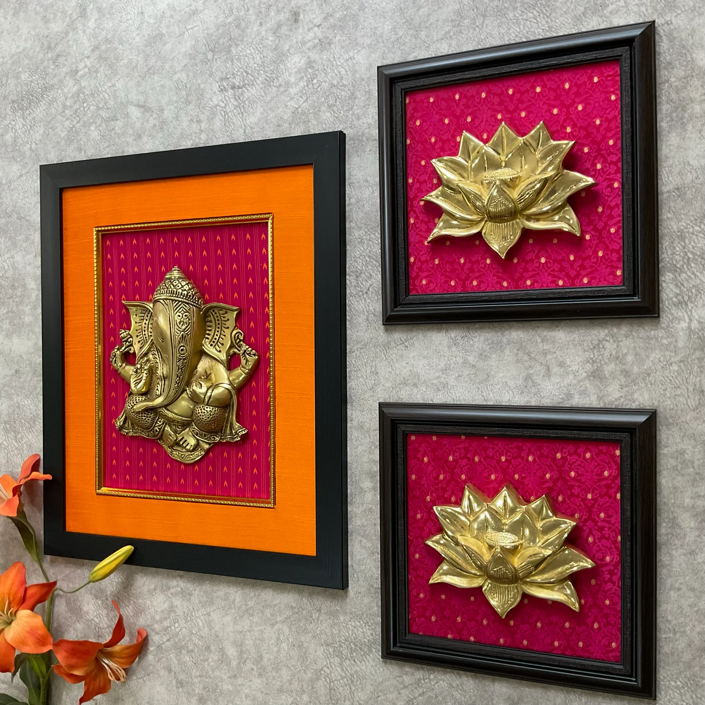 Framed Brass Ganesha Lotus Wall Hanging (Set of 3)