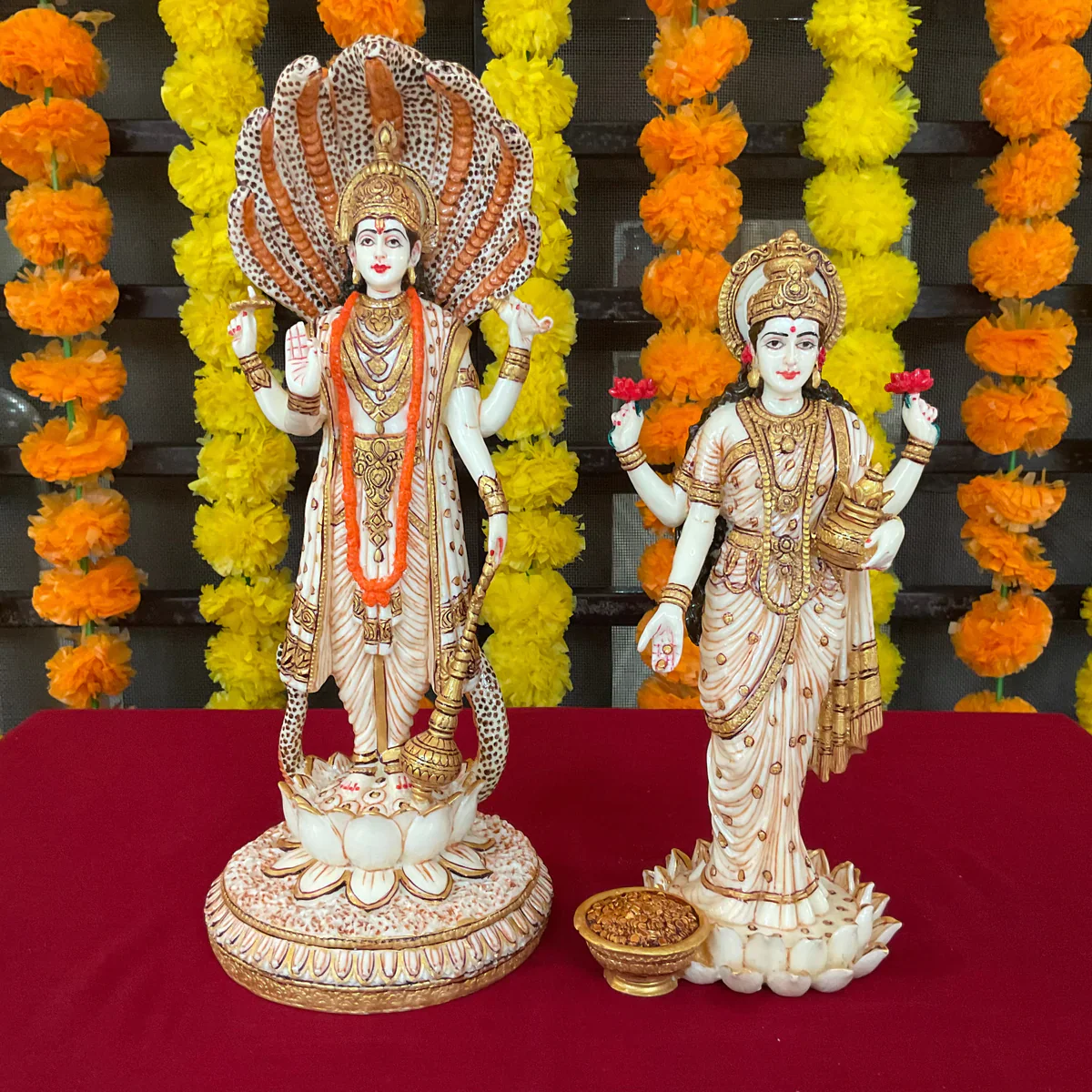 Lord Vishnu And Goddess Lakshmi Marble Dust and Resin Idol - Decorative Home Decor