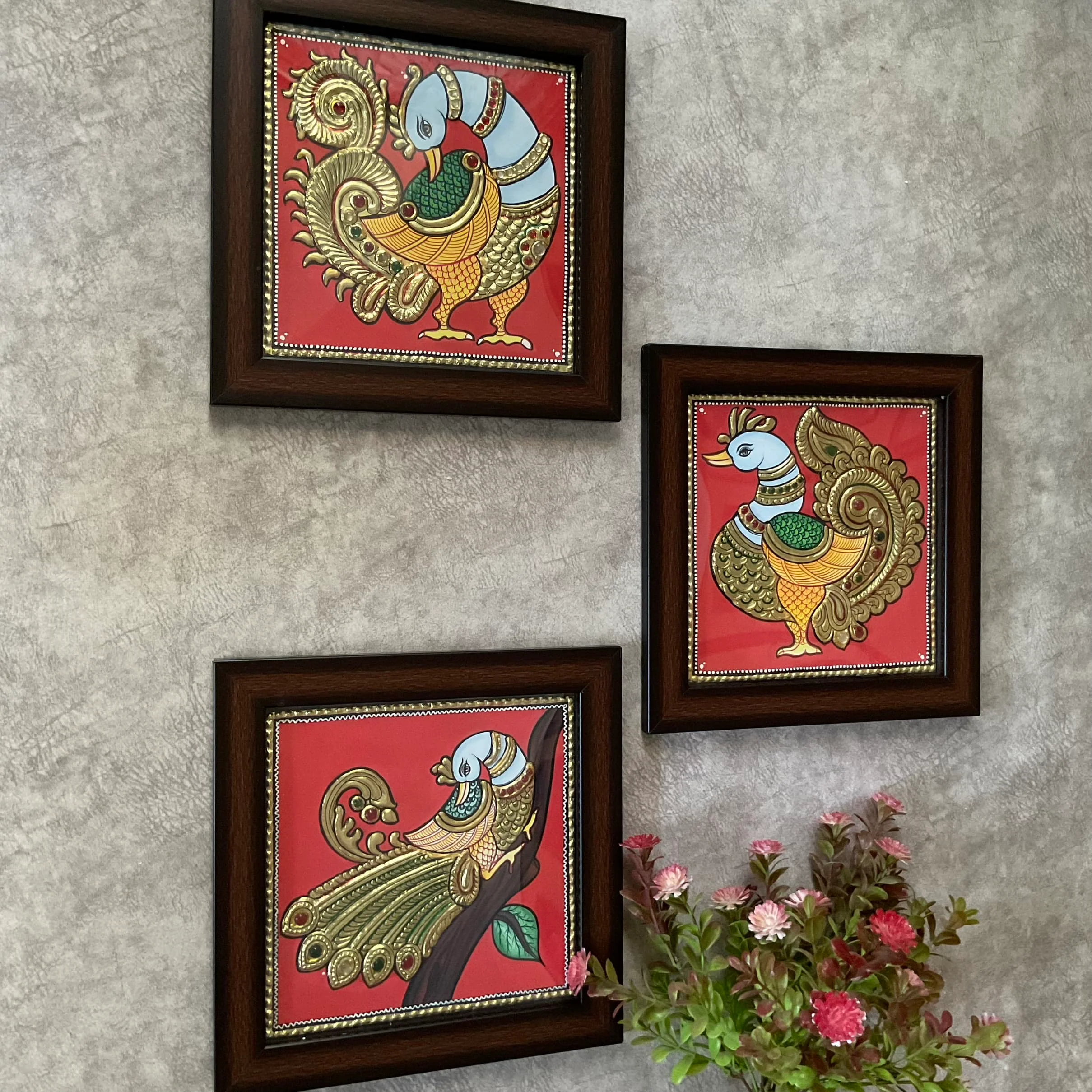 Bird Tanjore Painting (Set of 3) Traditional Wall Art