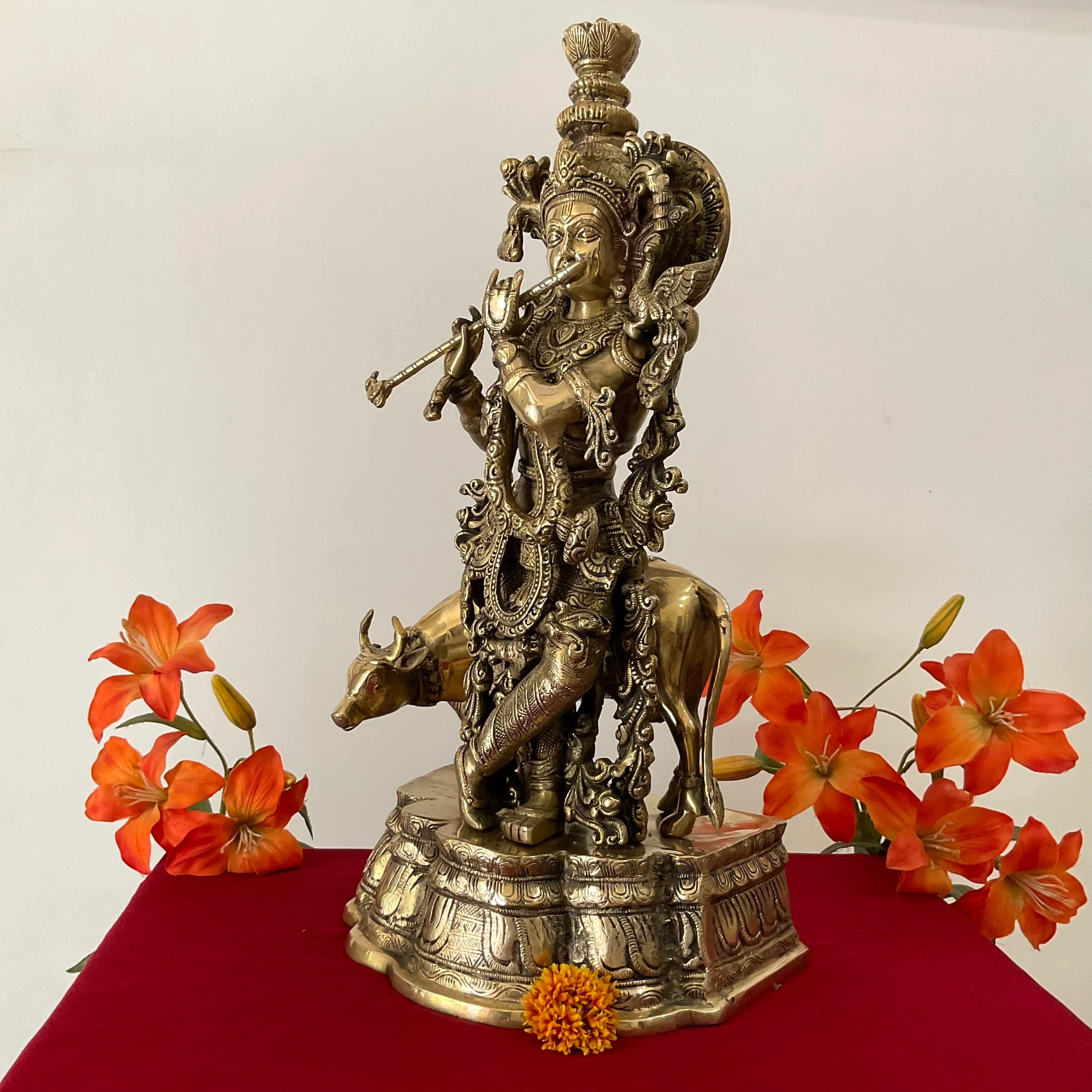 23 Inch Lord Krishna Cow Calf Brass idol - Krishna Statue for Indian Decor