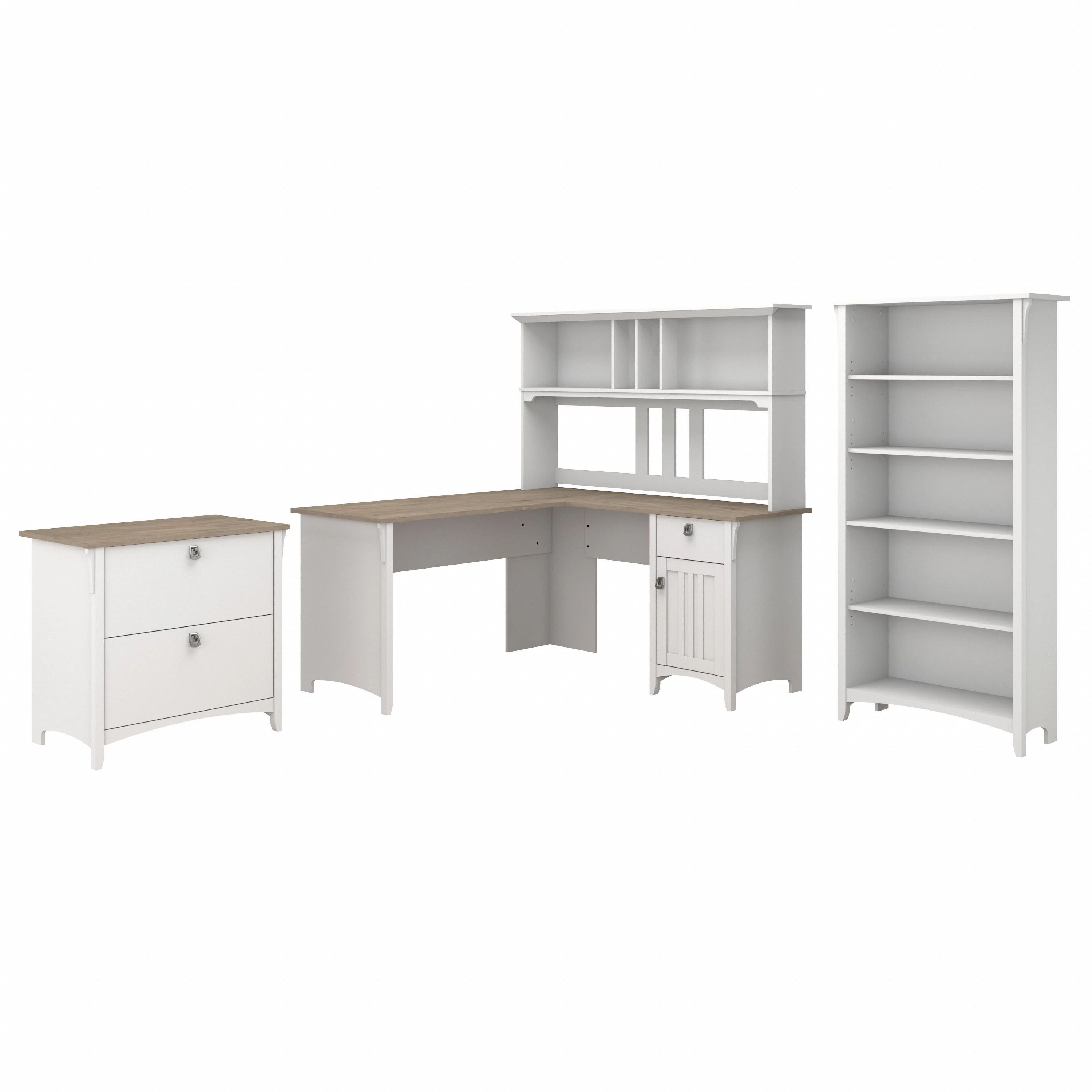 Salinas 60W L Shaped Desk with Hutch, Lateral File Cabinet and 5 Shelf Bookcase