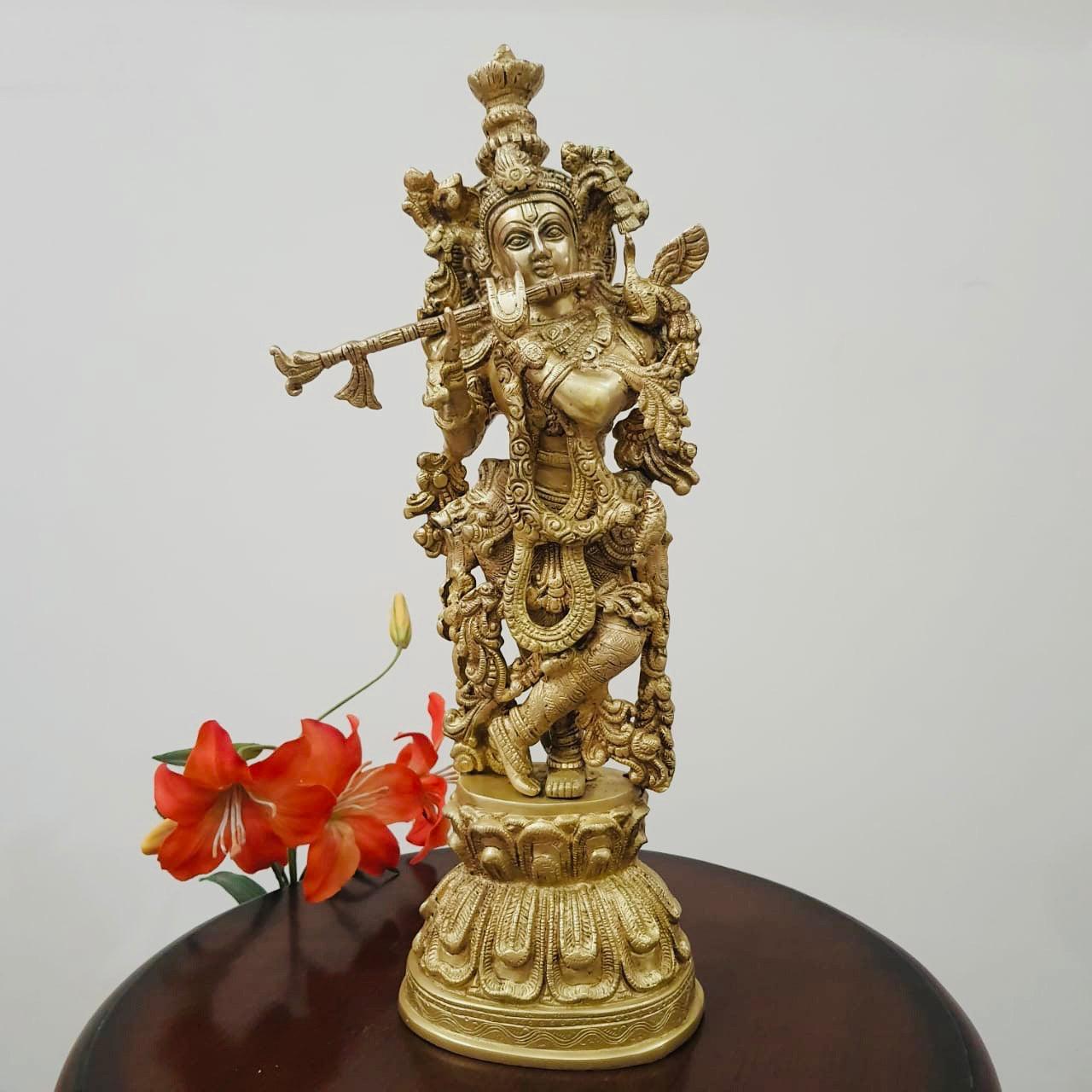 20 Inches Lord Krishna Brass Idol - Krishna Statue For Home - Decorative Figurine