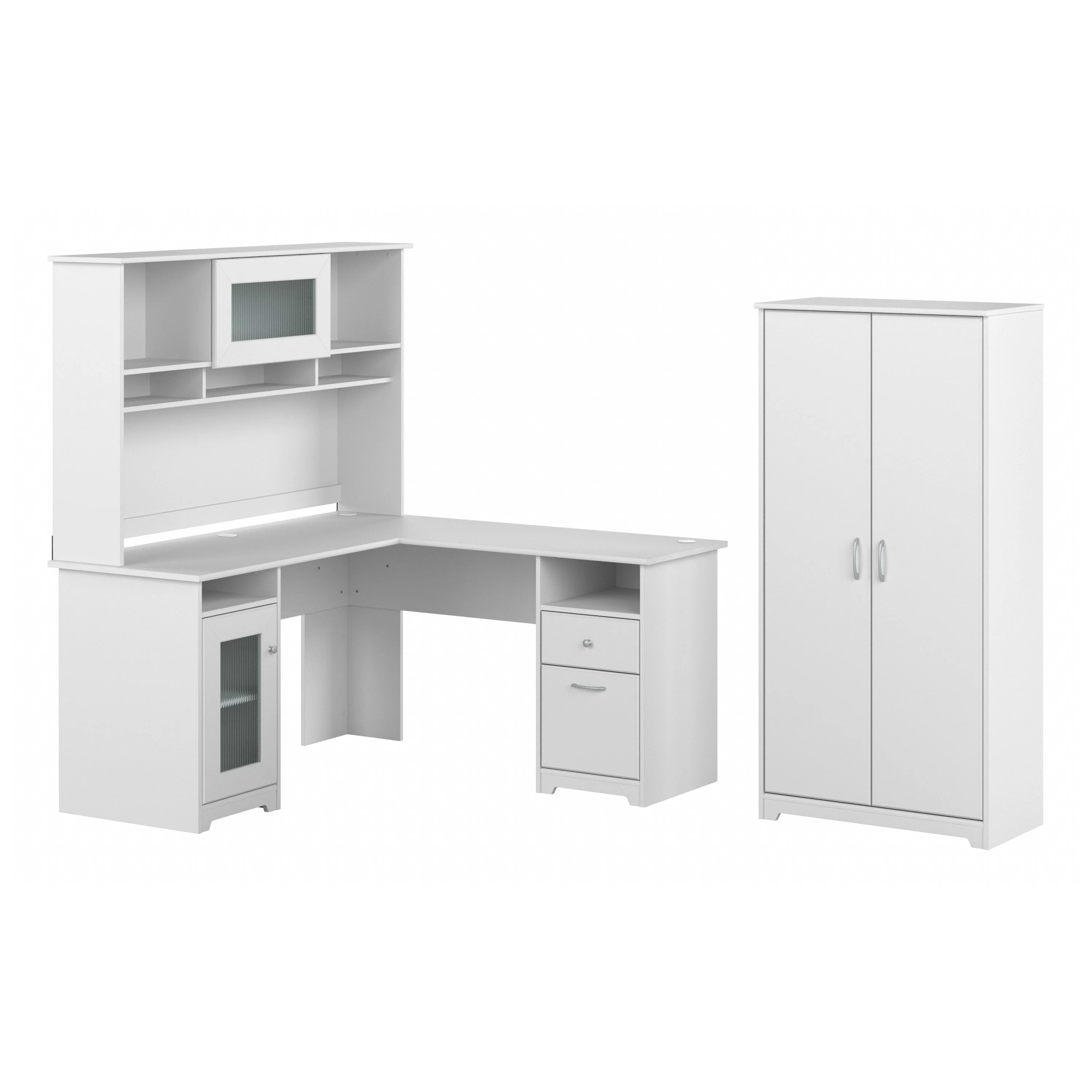 60W L Desk, Hutch, and 2 Door Tall Storage