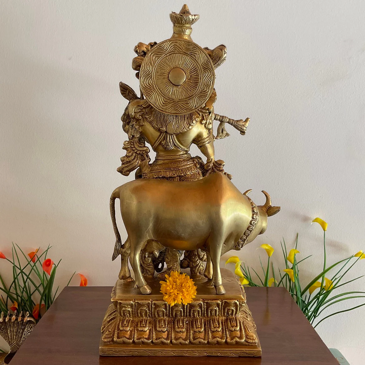 17 Inches Lord Krishna & Cow Brass idol - Krishna Statue for Indian Decor