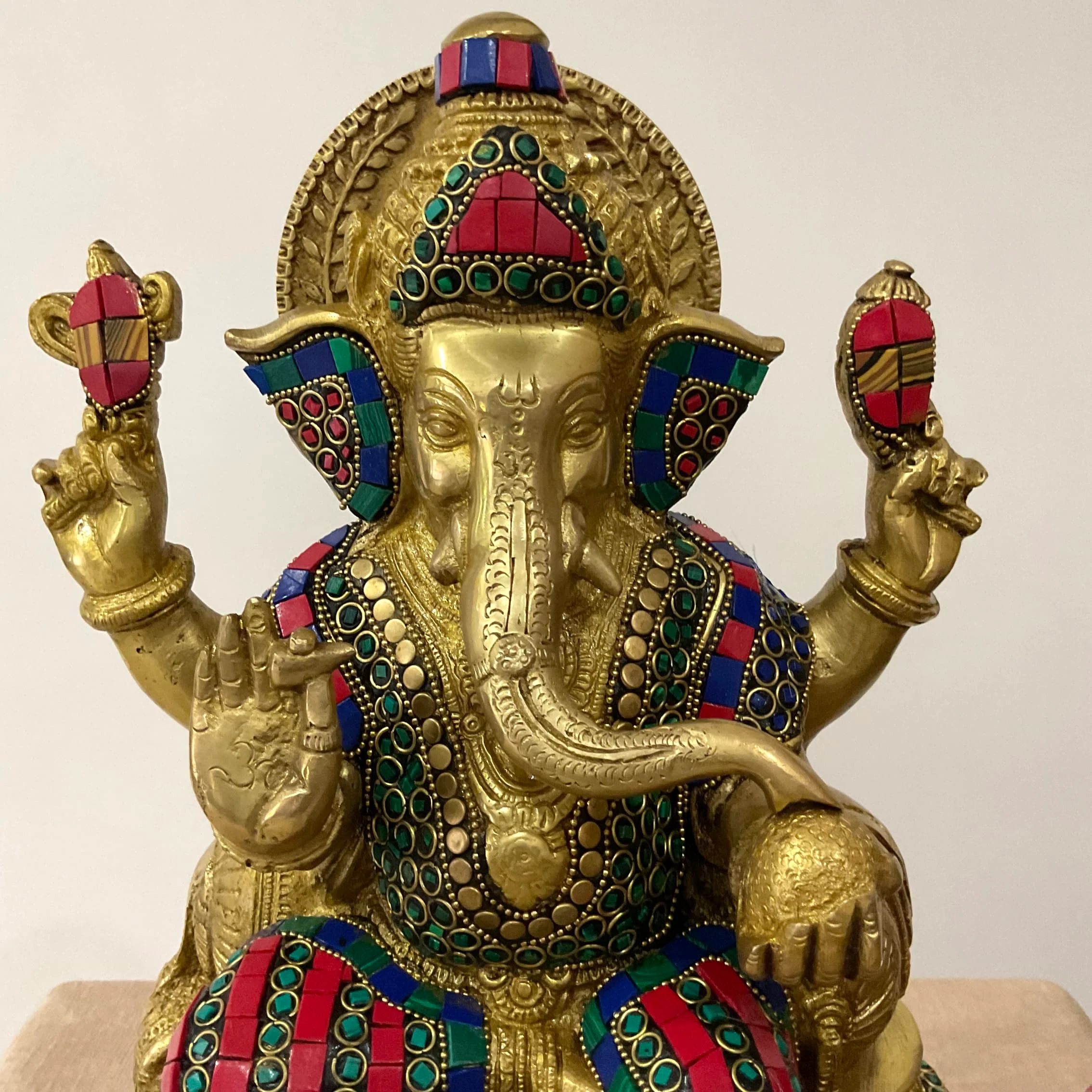 12.5 Inch Ganesha Statue Brass Stonework - Ganpati Pooja idol, Housewarming Gift Idea