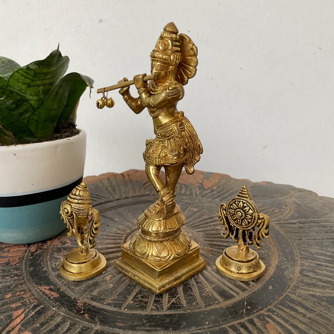 6 Inch Lord Krishna Brass Idol And Shanku Chakra Home Decor - Pooja murti