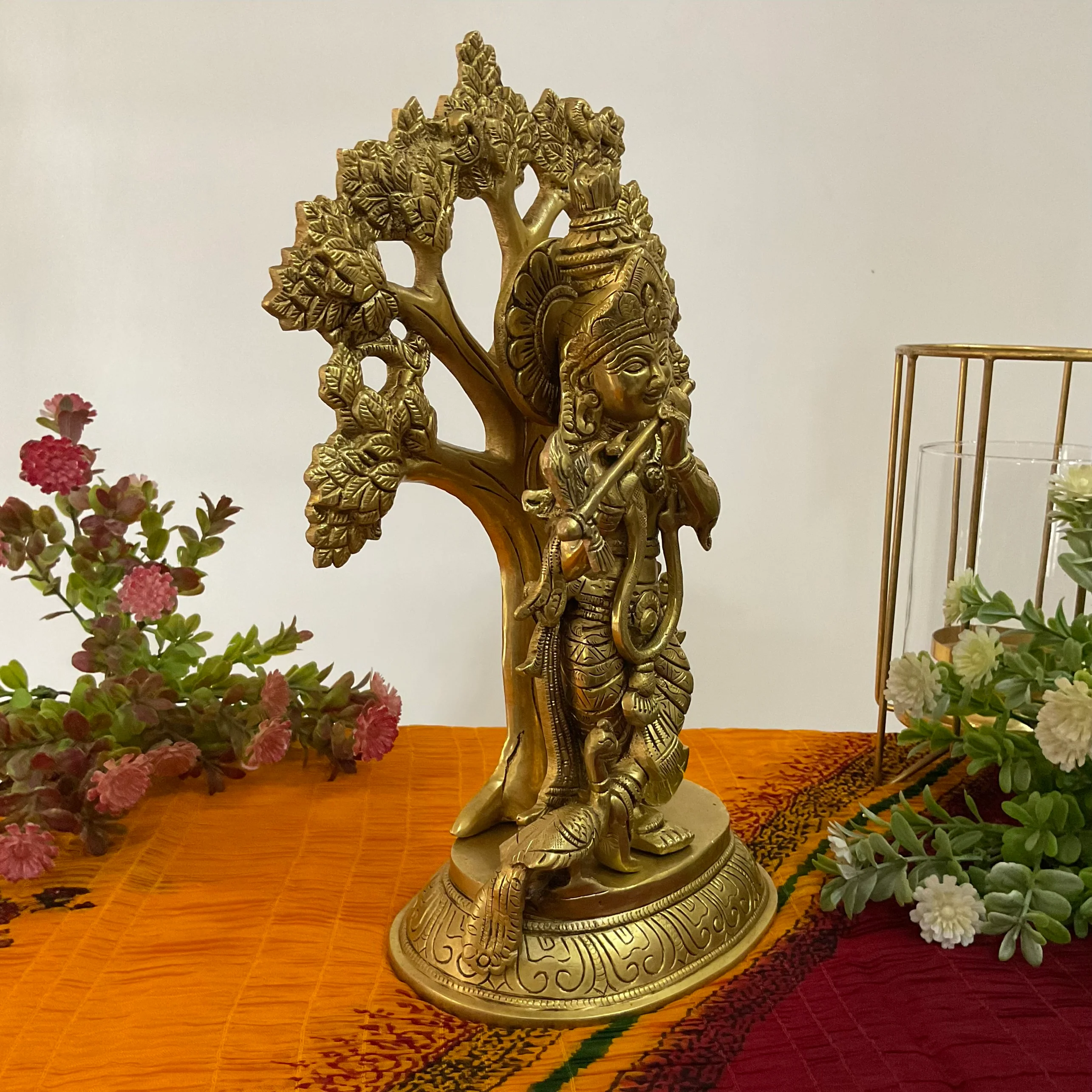 13 Inch Lord Krishna With Tree Brass idol - Krishna Statue for Indian Decor
