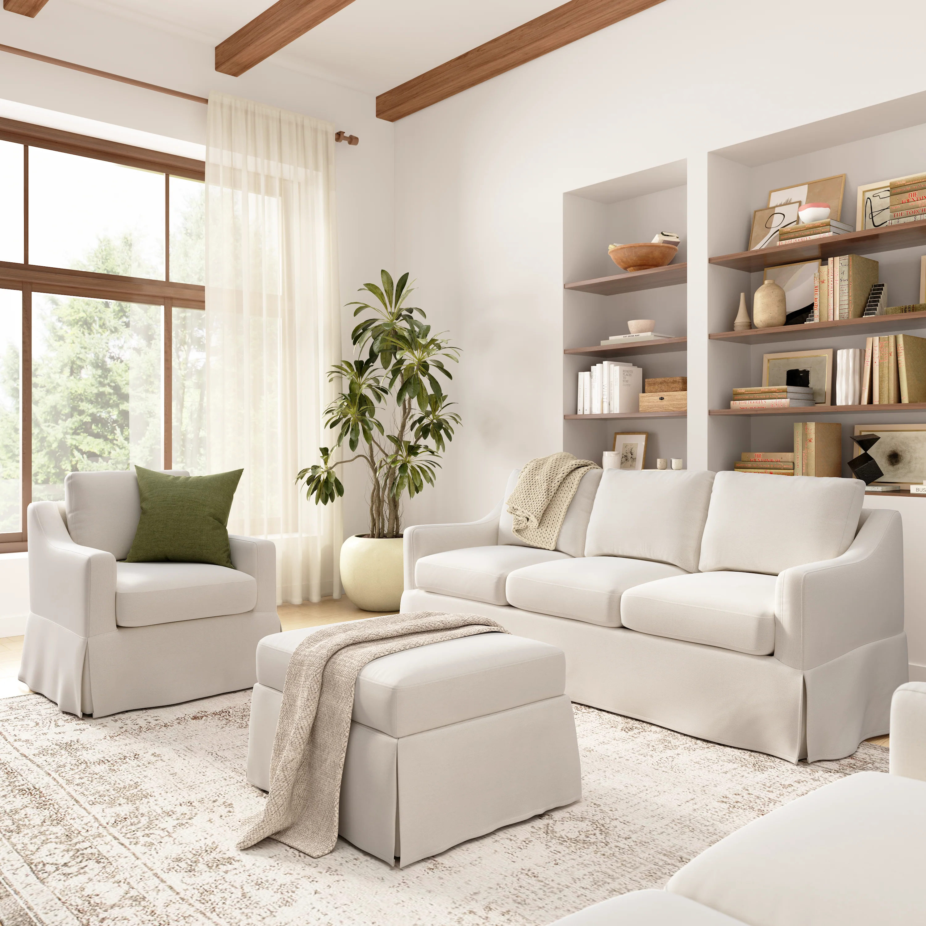 Bush Home Harper 80W Sofa, Swivel Accent Chair, and Storage Ottoman with Slipcovers