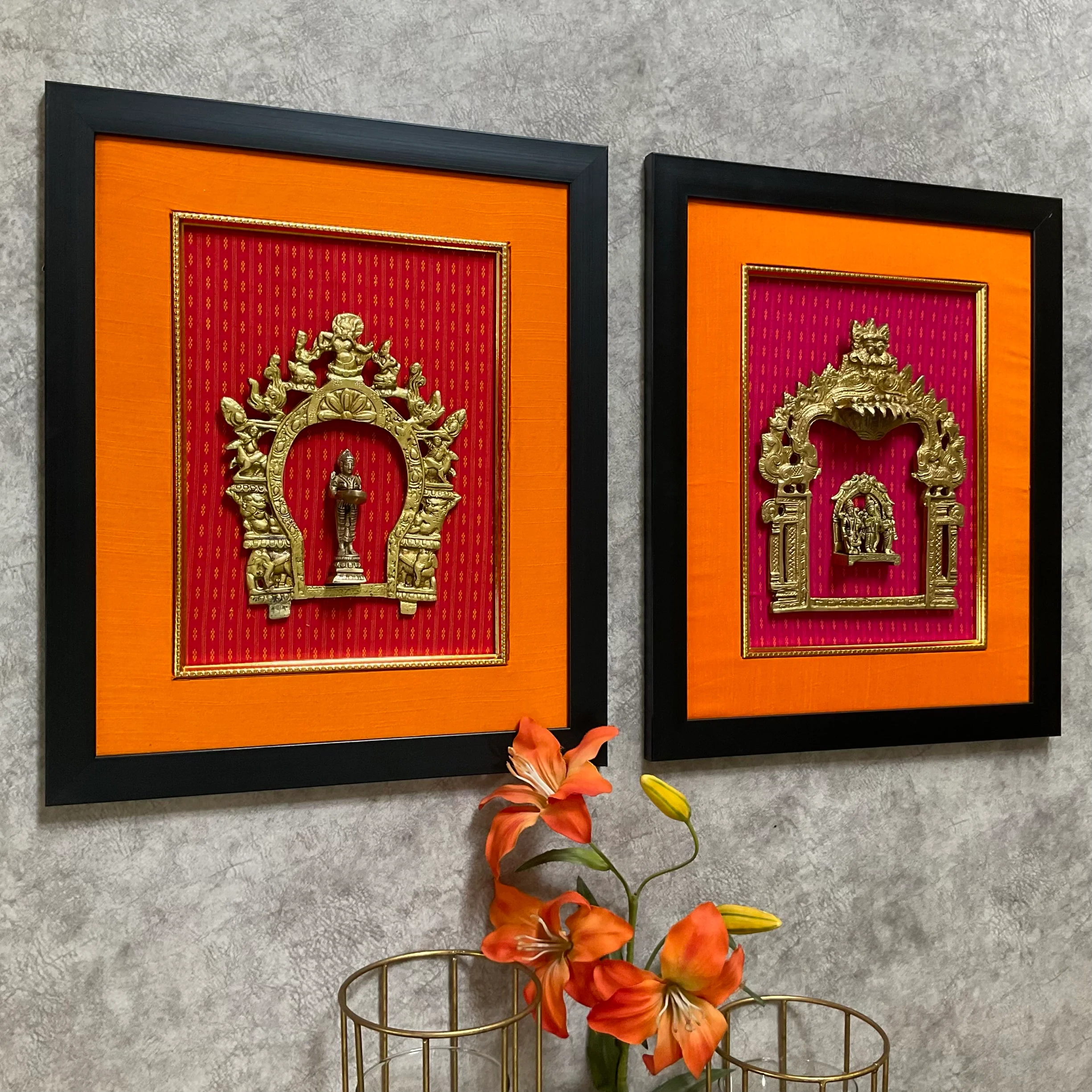 Framed Brass Prabhavali (Set of 2) - Ram Darbar And Deep Lakshmi - Ethnic Wall Decor