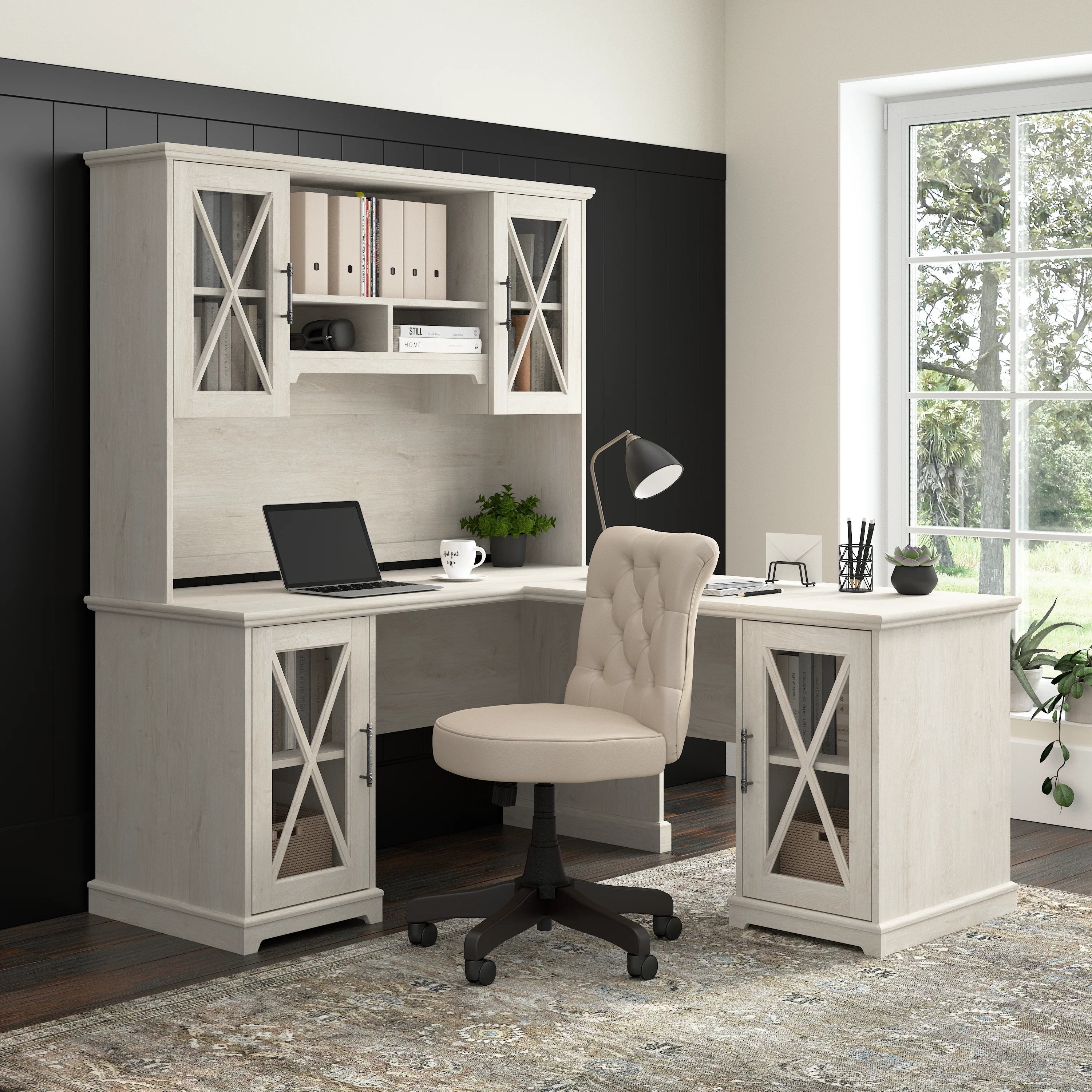 Lennox 60W Farmhouse L Shaped Desk with Hutch and Storage Cabinets
