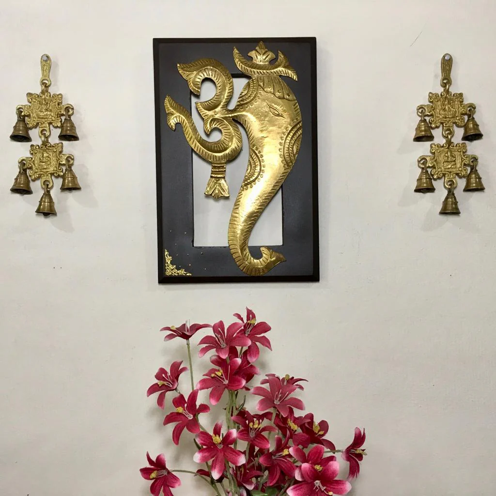 Om Ganesha Wall Hanging with Laxmi Ganesh Brass Bell (Set of 3)