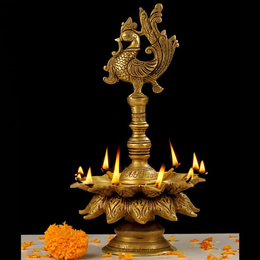 13 Inches Handmade Annapakshi Brass Diya Lamp (Set of 2) - Festive Home Decor