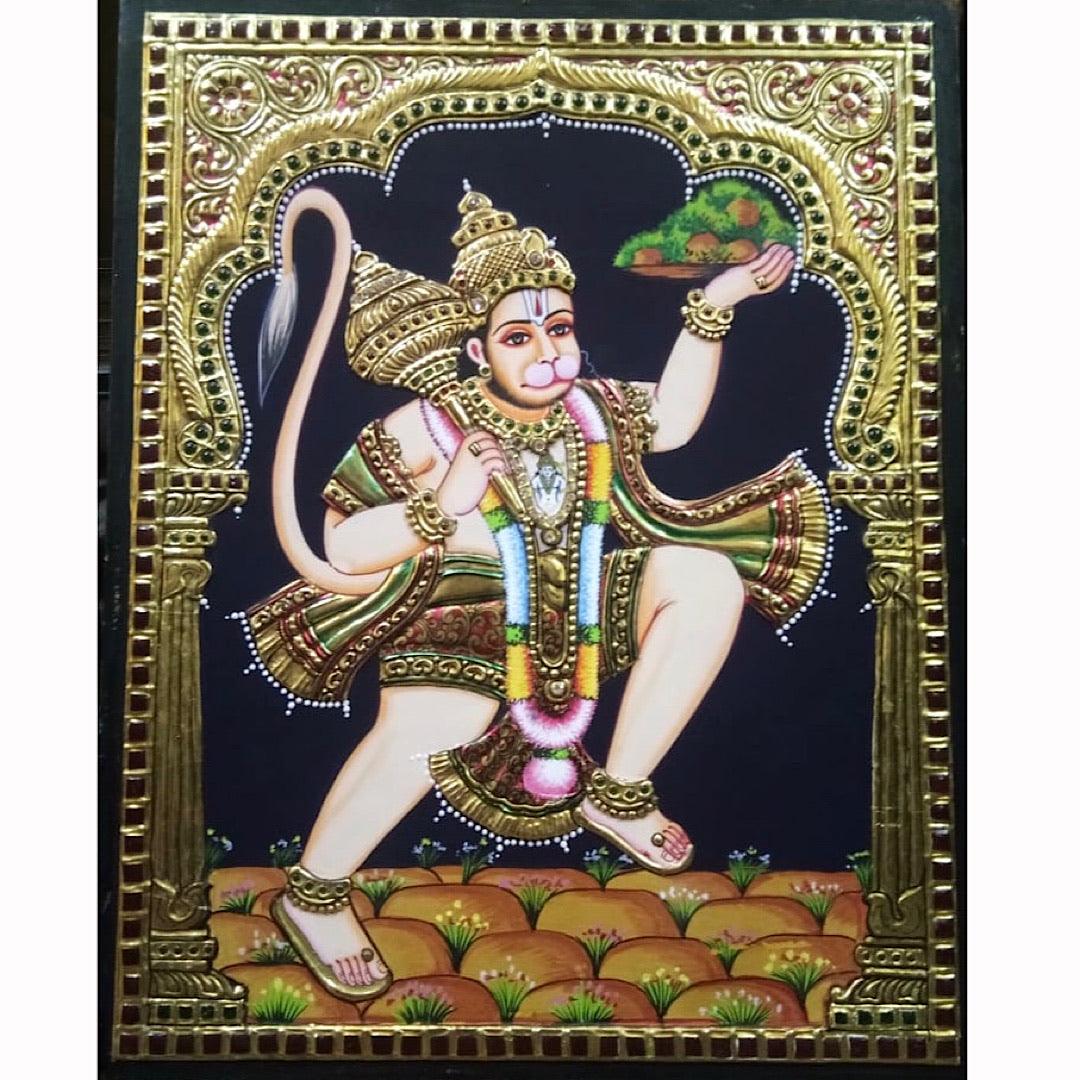 Lord Hanuman 3D embossing Tanjore Painting - Traditional Wall Art