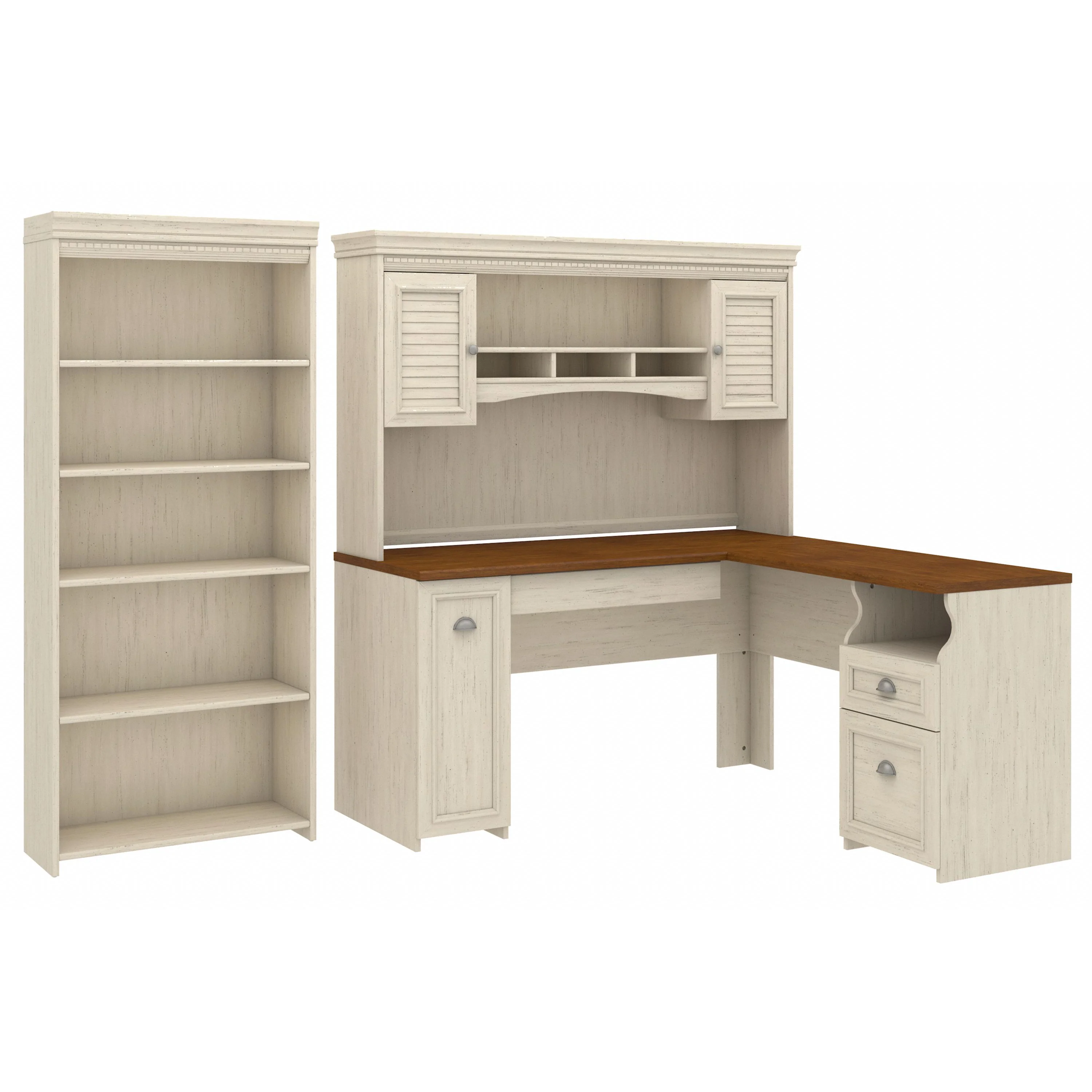 Fairview 60W L Shaped Desk with Hutch and 5 Shelf Bookcase