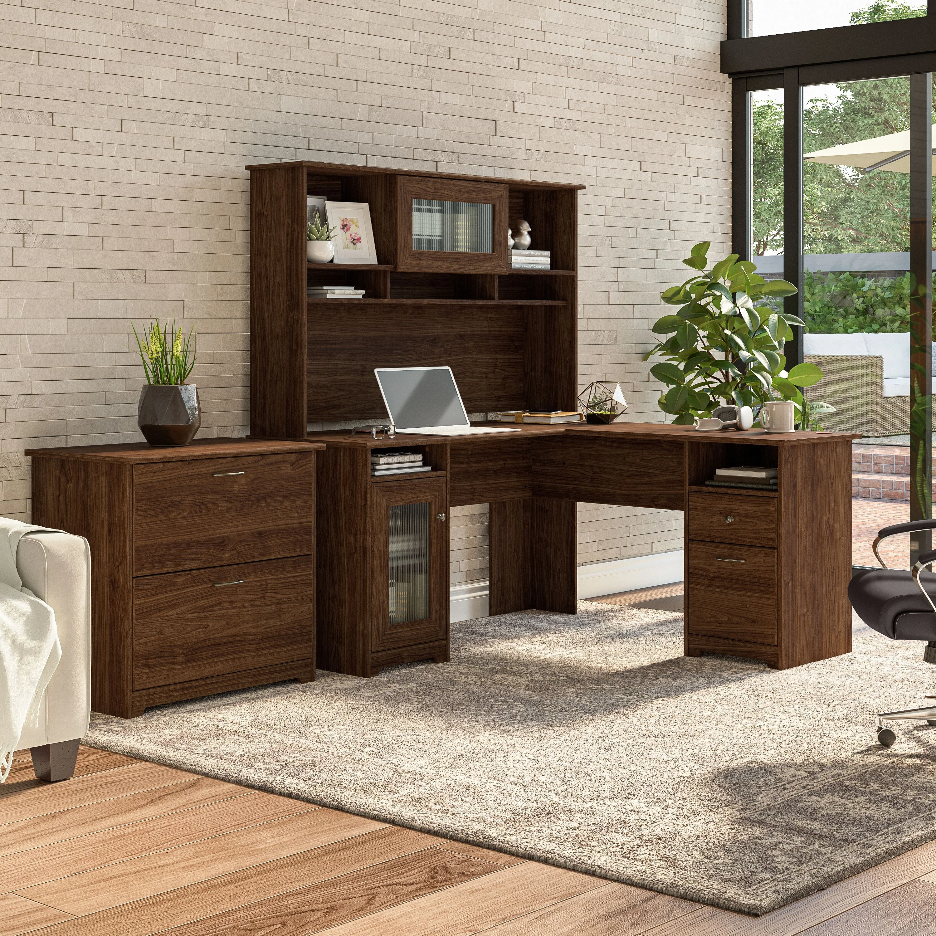 Cabot 60W L Shaped Computer Desk with Hutch and Lateral File Cabinet