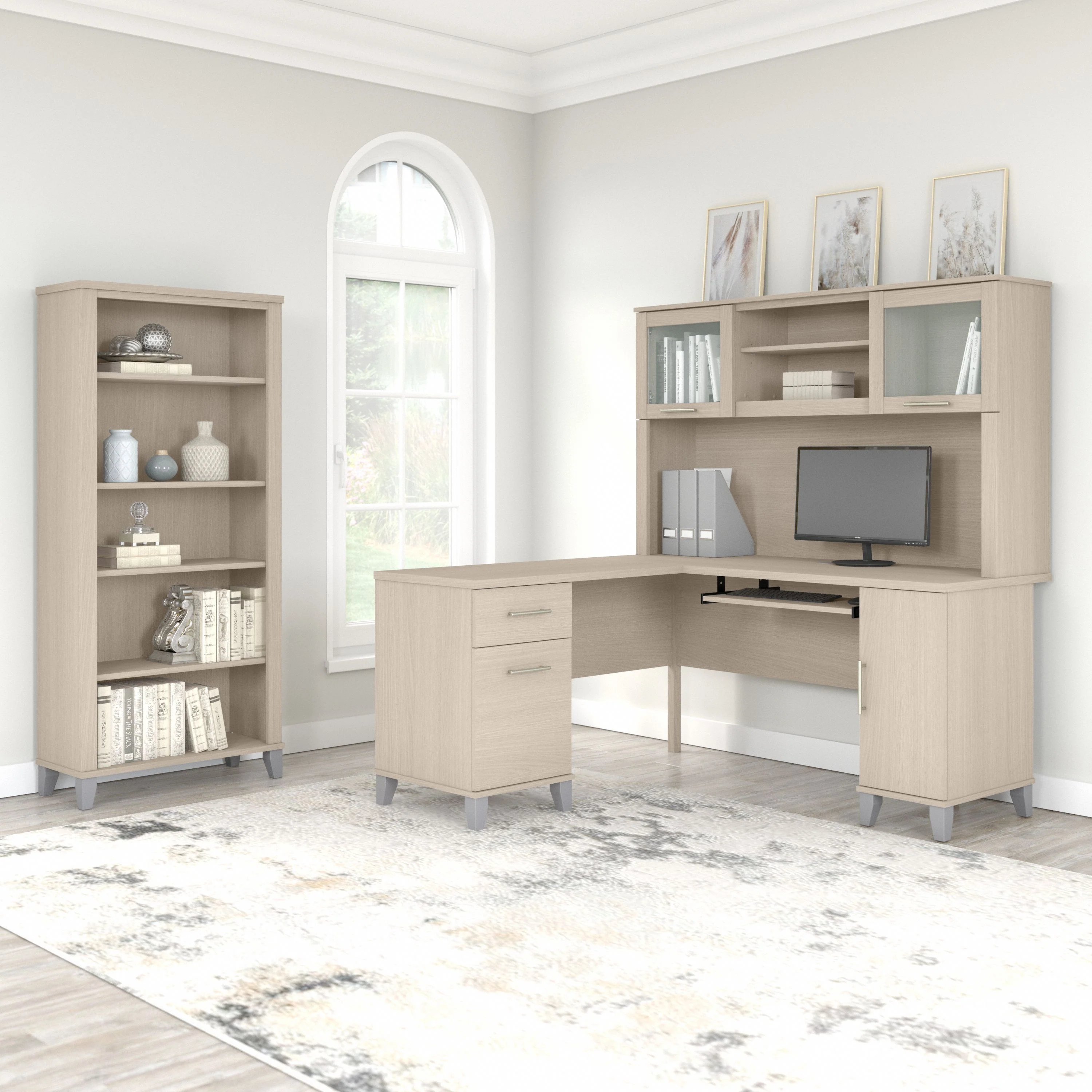 Somerset 60W L Shaped Desk with Hutch and 5 Shelf Bookcase