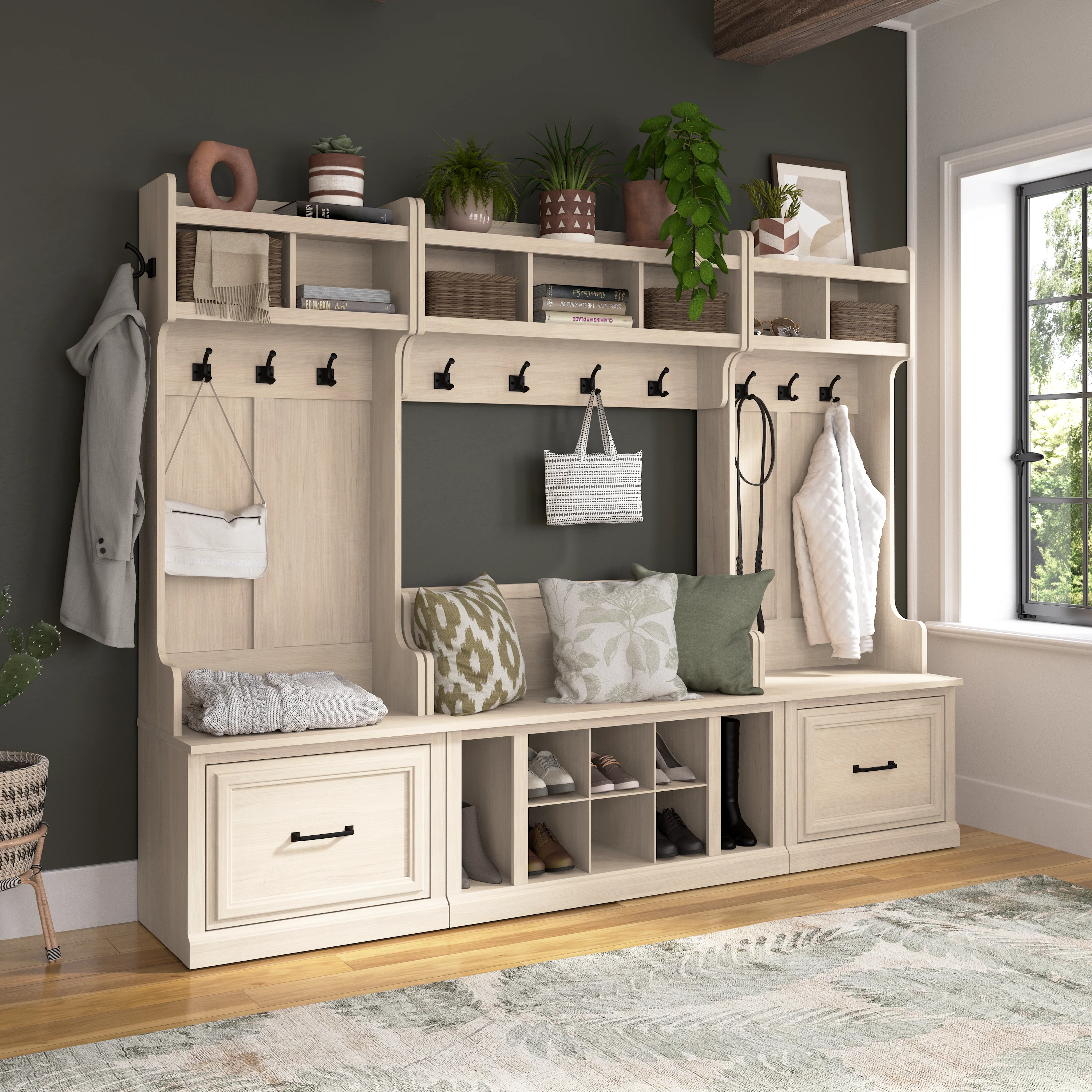 Woodland Full Entryway Storage Set with Coat Rack and Shoe Bench with Drawers