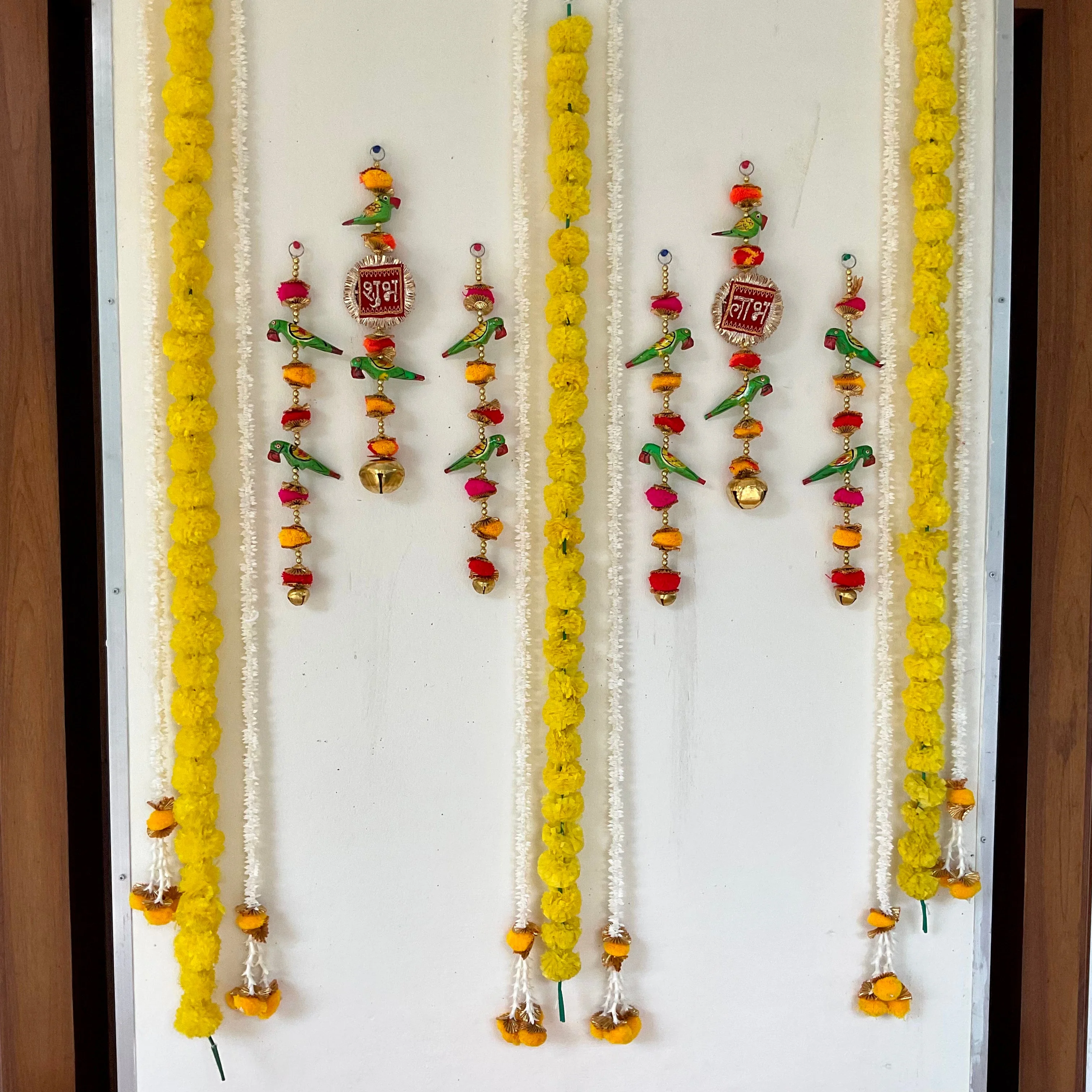 Shubh Labh Parrot Hanging With Artificial Flower Garlands (Set of 15) - Festive Decoration Wall Hanging