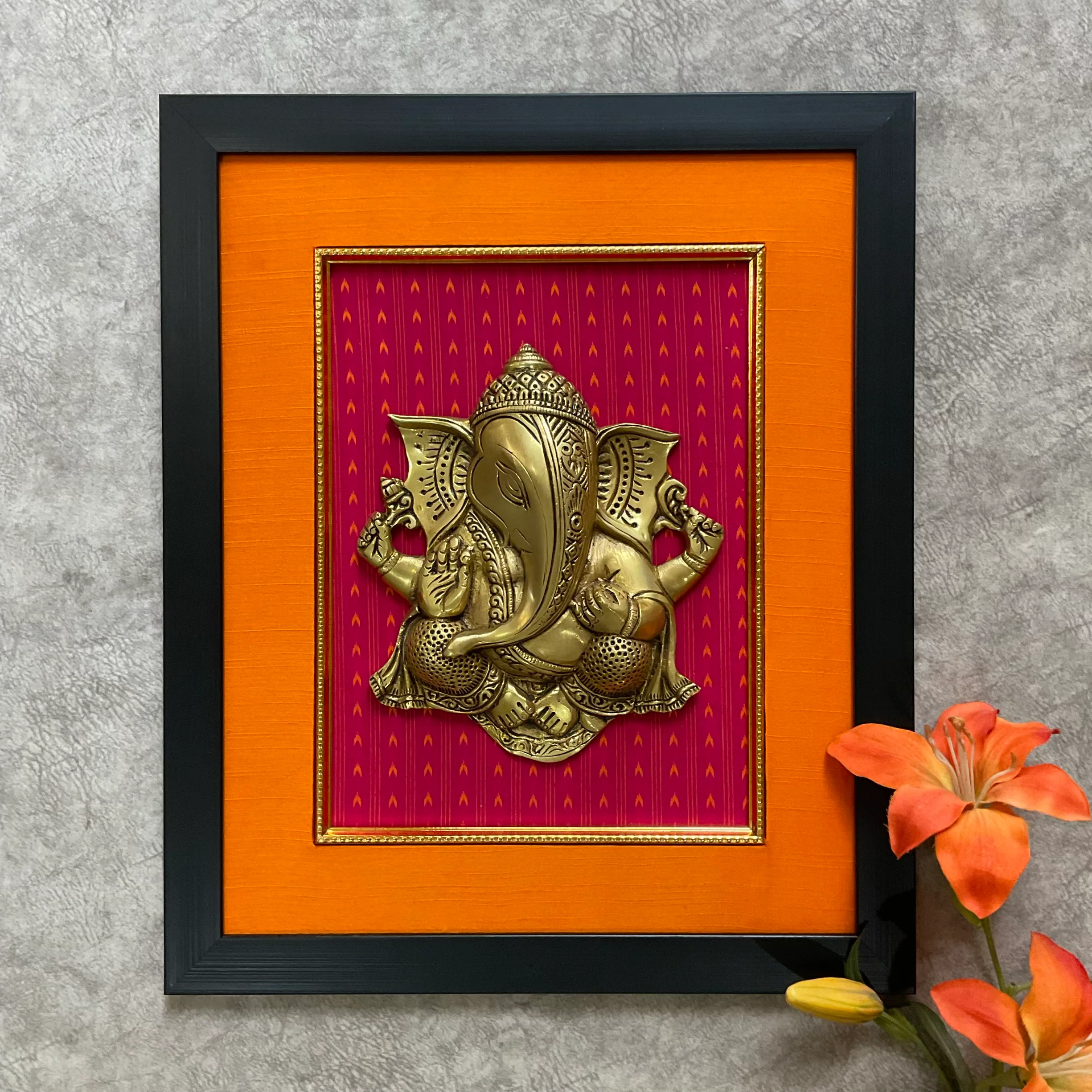Framed Brass Ganesha Lotus Wall Hanging (Set of 3)