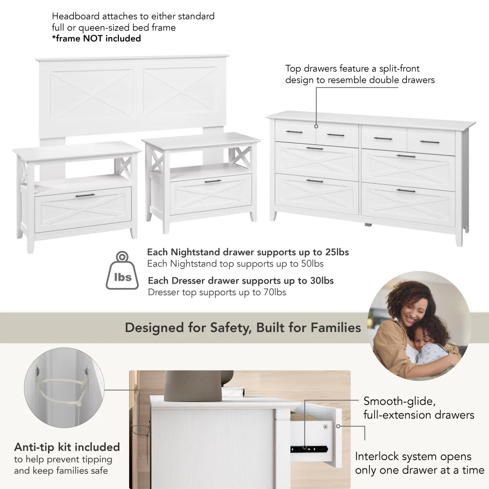 Bush Home Key West 65W Full/Queen Headboard with 6 Drawer Dresser and Set of 2 Nightstands