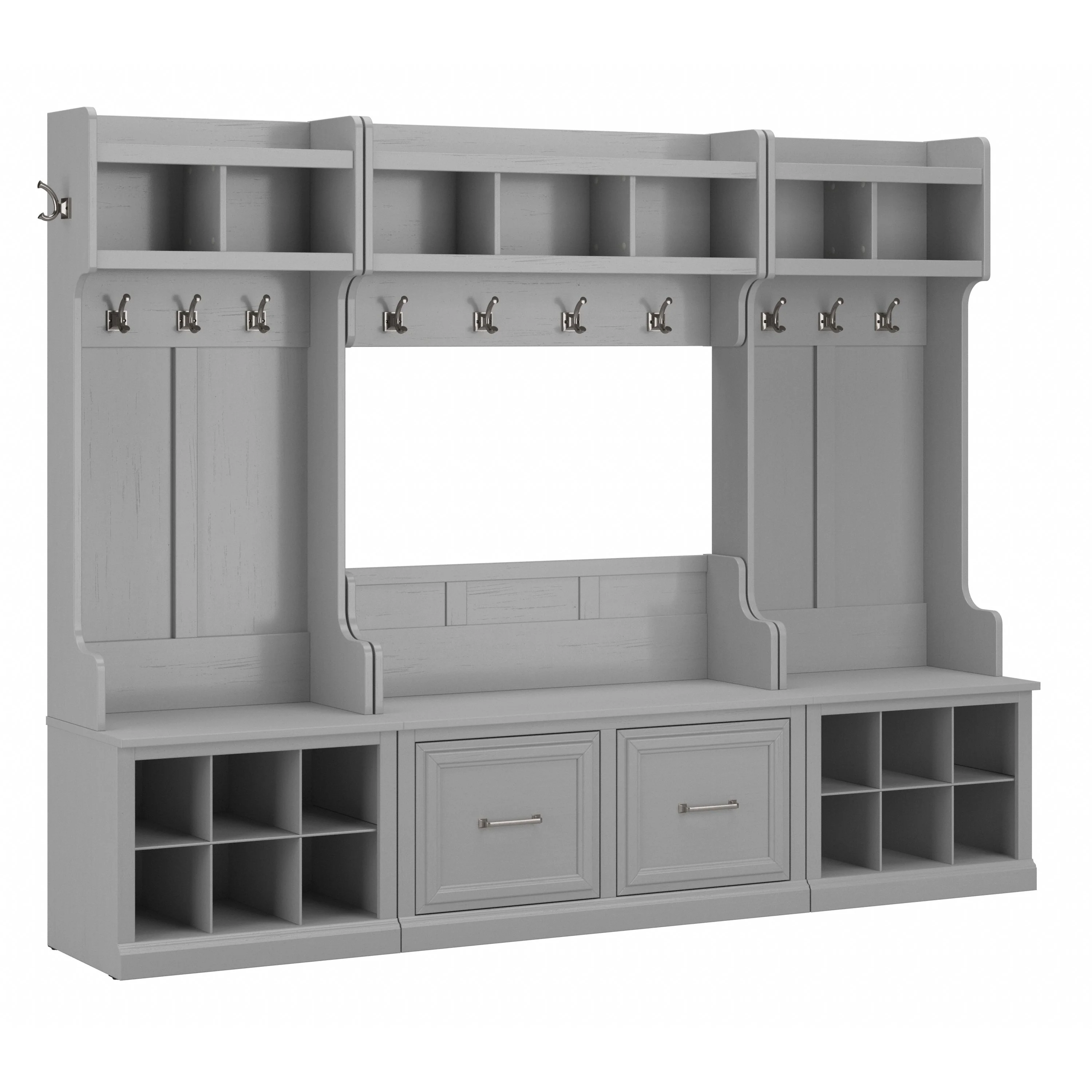 Woodland Full Entryway Storage Set with Coat Rack and Shoe Bench with Doors
