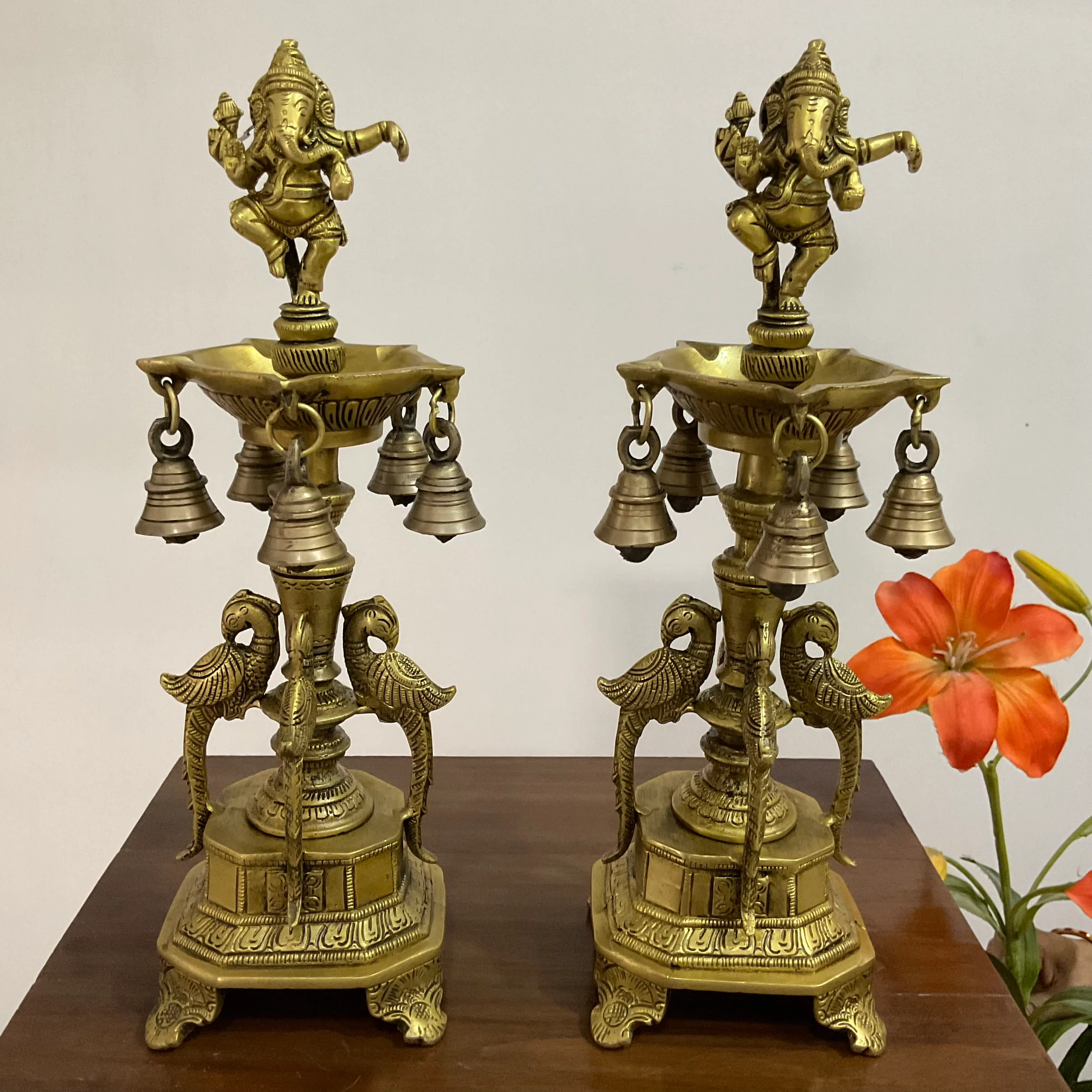 14 Inches Dancing Ganesha Brass Diya Lamp (Set of 2) - Temple Decor - Brass Diya For Pooja