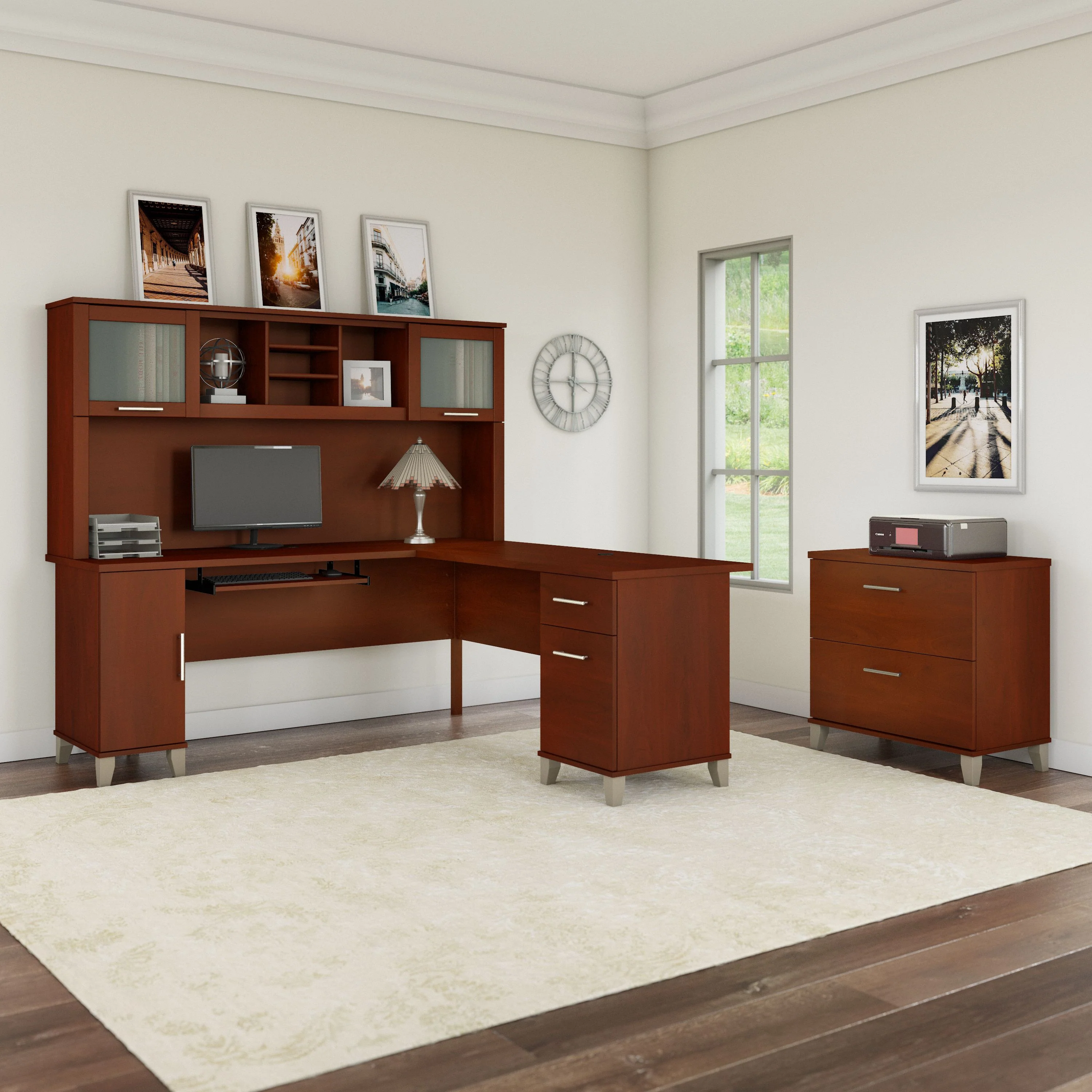 Somerset 72W L Shaped Desk with Hutch and Lateral File Cabinet