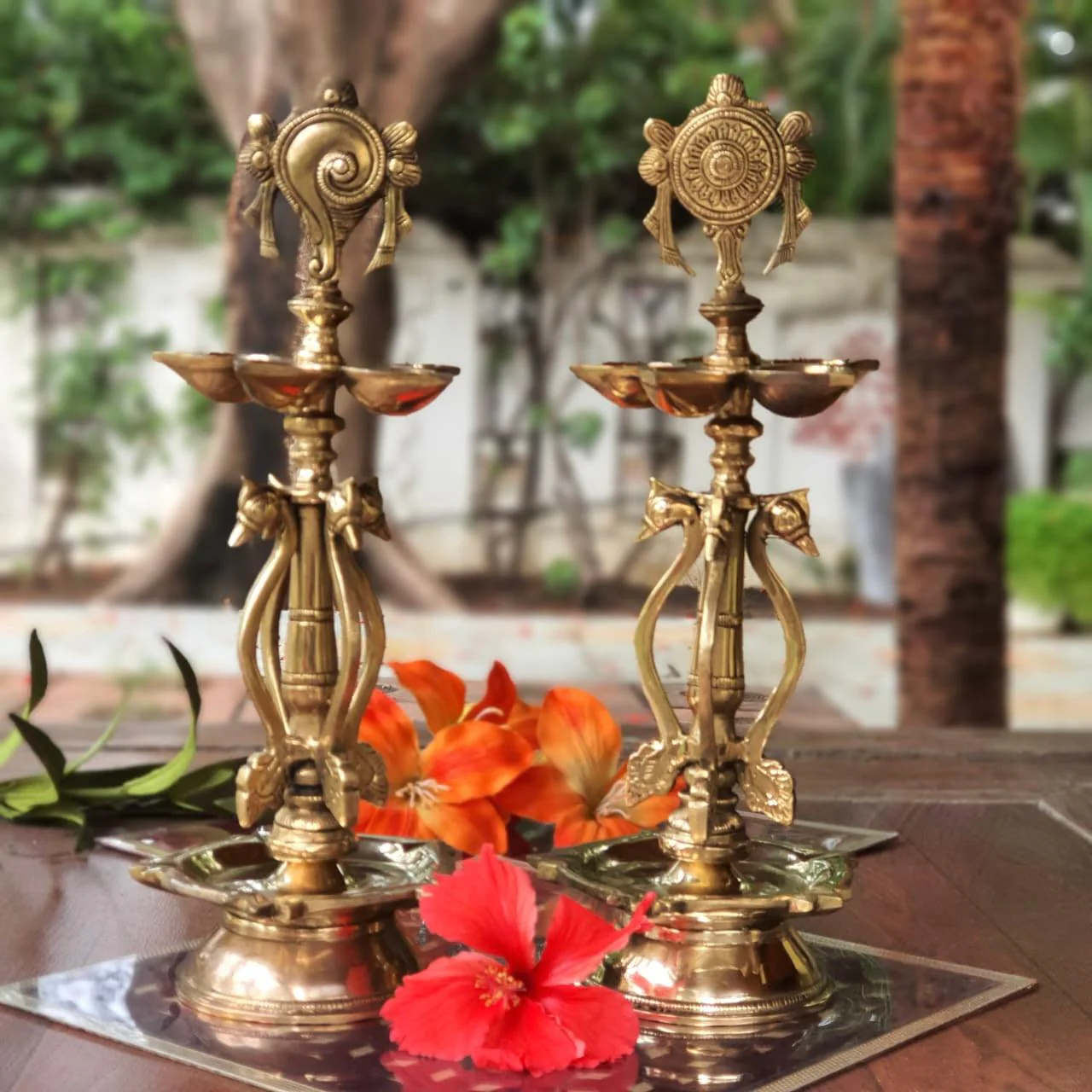 15 Inches Shanku & Chakra Diya (Set of 2) - Handmade Brass lamp - Traditional Decor